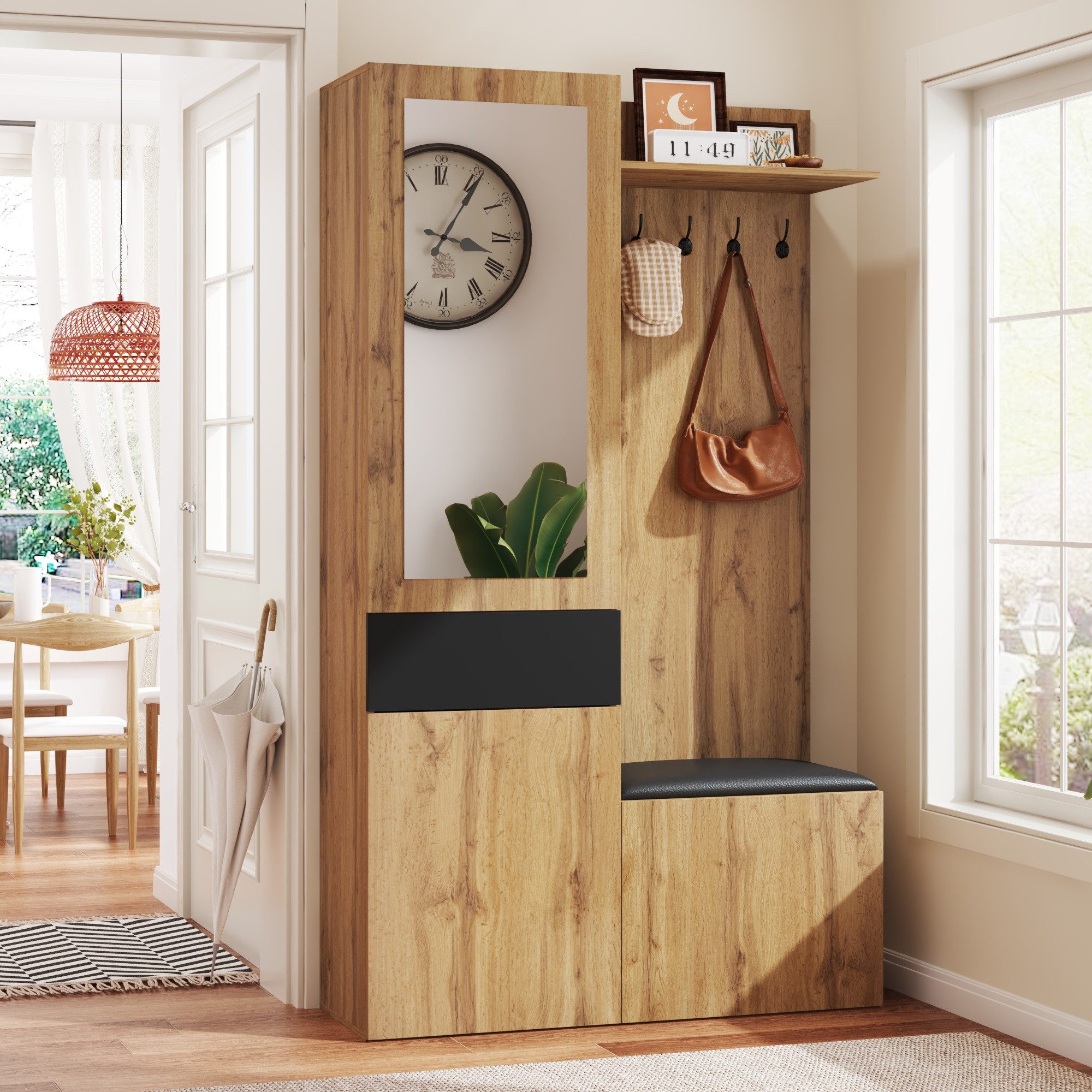 Yorbay Garderoben-Set Garderobenset 191 cm mit Spiegel und Sitzbank, Schuhschrank 5 Haken Ablage Stauraum für Flur