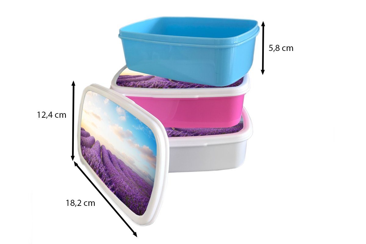 MuchoWow Lunchbox (2-tlg), Kinder, Kunststoff - - für Mädchen, Snackbox, - Brotbox Erwachsene, Brotdose rosa Kunststoff, Himmel Wolken Blumen, Lavendel