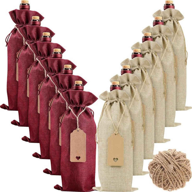 Bizaical Weinkiste 12 Stück hochwertige Jute Weinbeutel und 12 Stück Geschenkanhänger