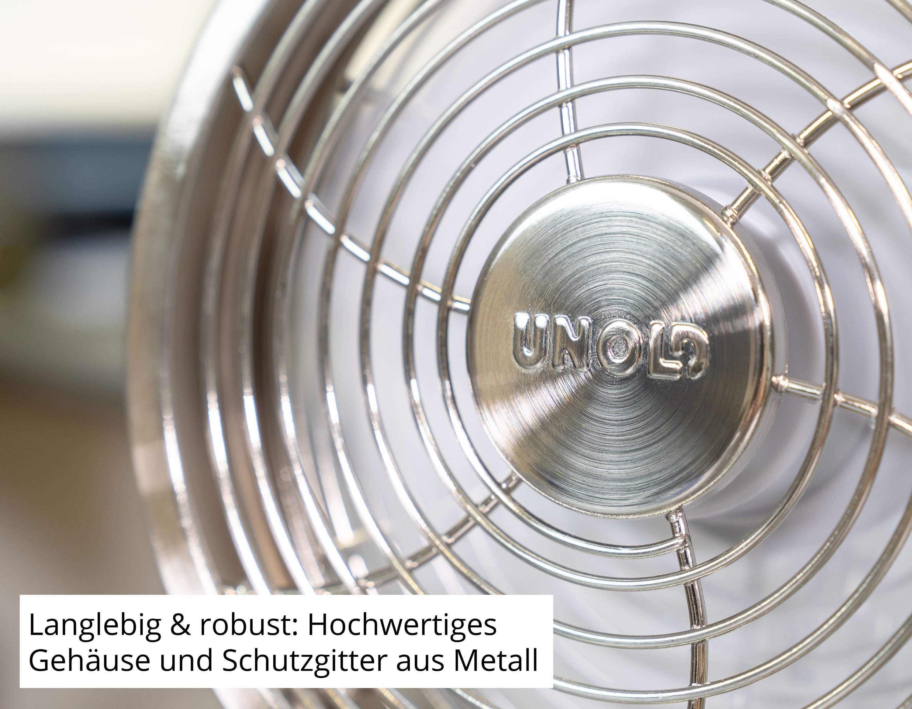 Unold Tischventilator Akku STEEL-FLEX 86705, leiser USB-C Ventilator, 12h Laufzeit, USB-C, 3 Stufen, 360° drehbar