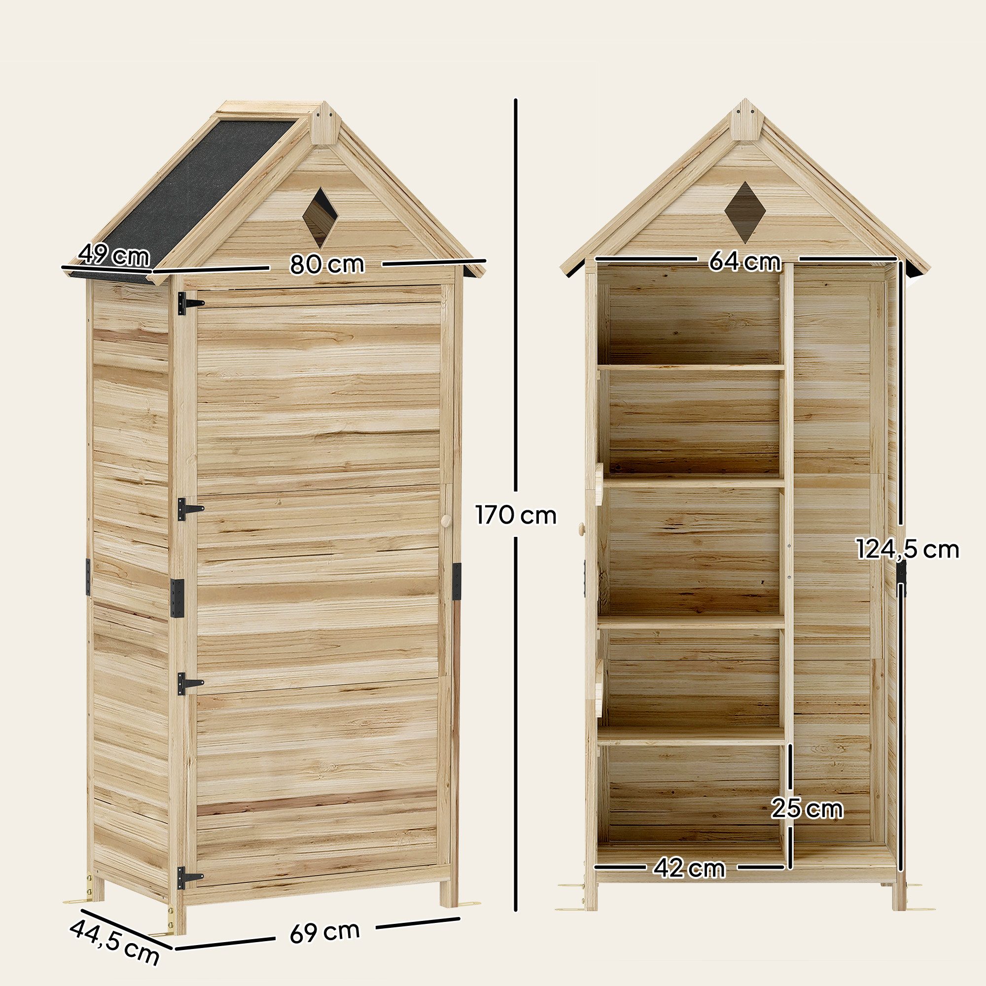 Outsunny Gerätehaus wasserdicht, mit Asphalt-Satteldach, Ablage, Tür, BxT: 80x49 cm, (Gartenschuppen, 1 St., Lagerschuppen), 80 x 49 x 170 cm, für Garten, Terrasse, Naturholz