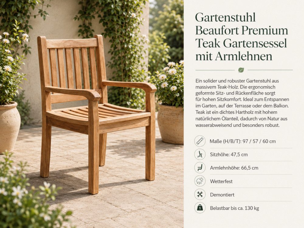 Wohnpalast Gartenstuhl Gartenstuhl Beaufort Premium Teak Gartensessel mit Armlehnen