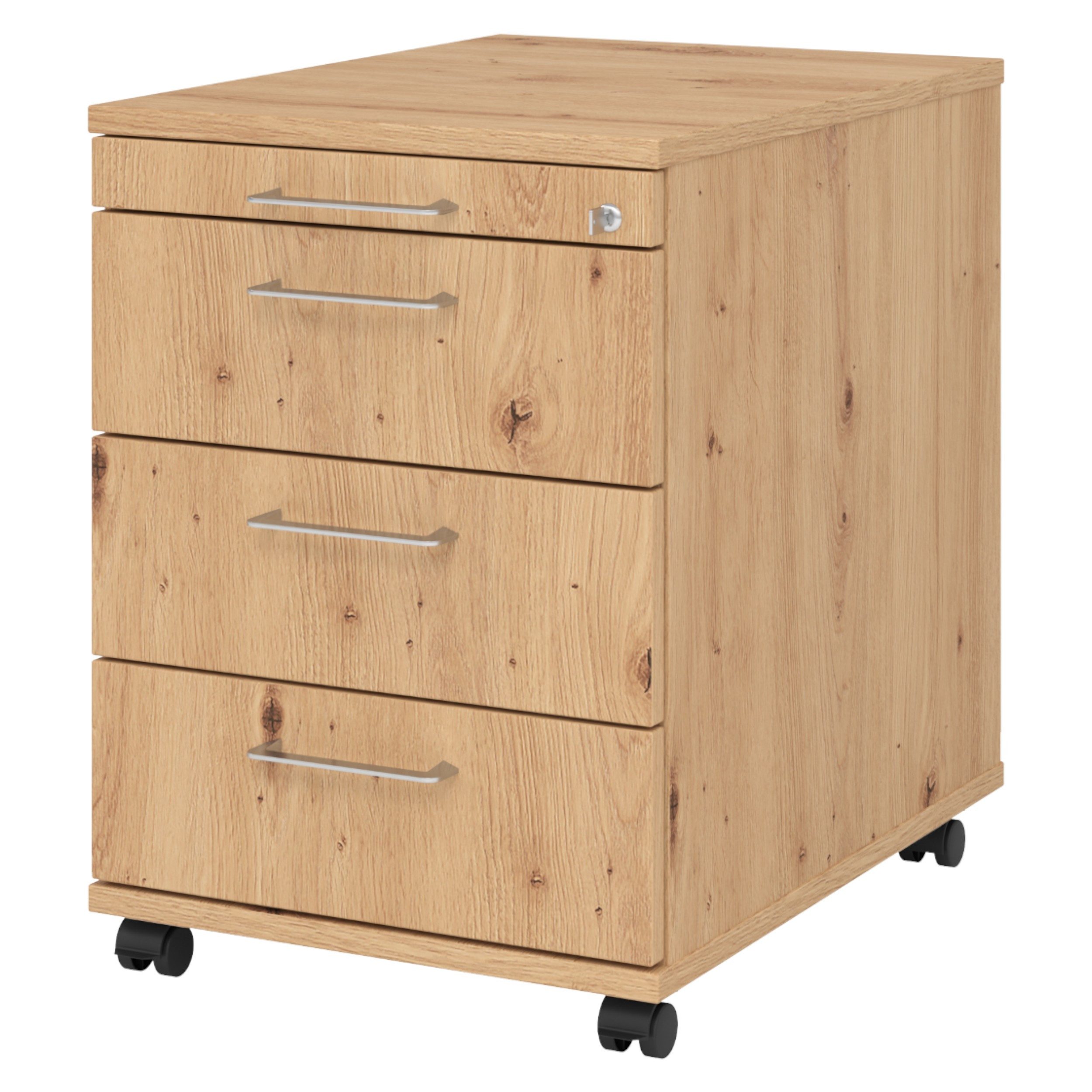 bümö Rollcontainer office Bürocontainer - 3 Materialschubladen, Dekor: Asteiche mit Bügelgriff (Metall)
