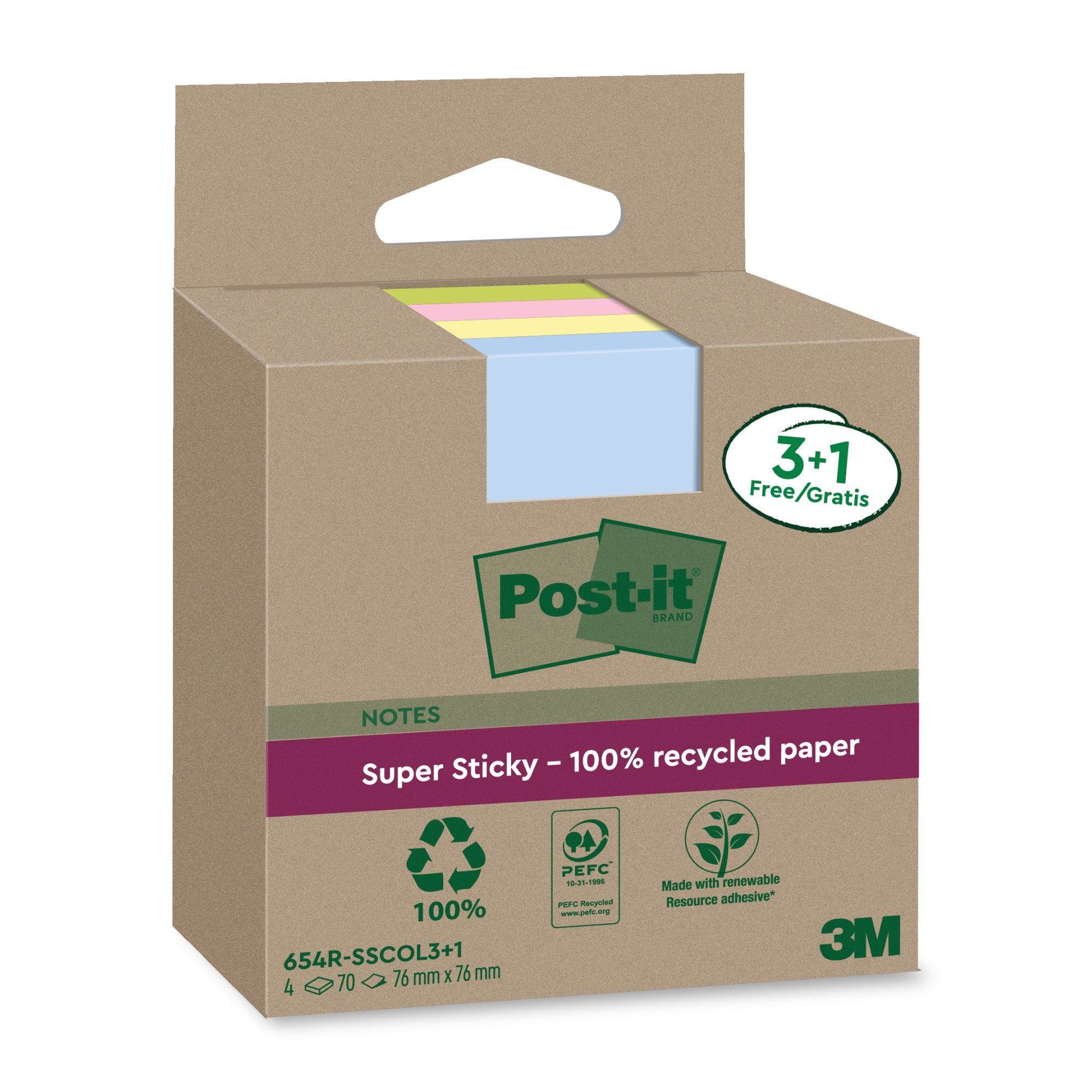 Haftnotizblock Haftnotiz Super Sticky 654 RSSCOL 3+1F 76x76mm 70 Blatt sortiert 4 St.