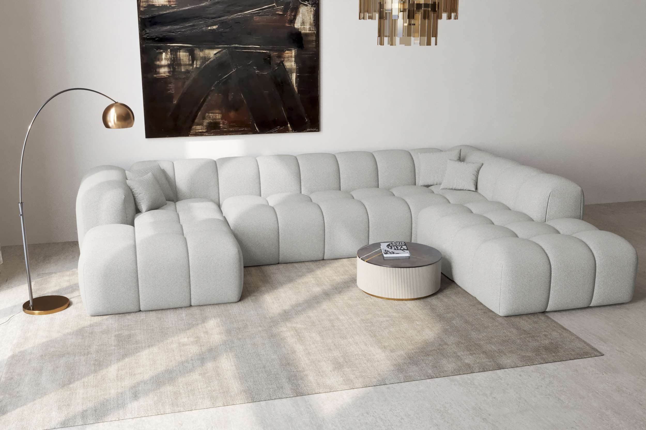 99rooms Wohnlandschaft Livorno XXL, Sofa, U-Form, Rundumbezug aus gepolstertem Strukturstoff NEVE