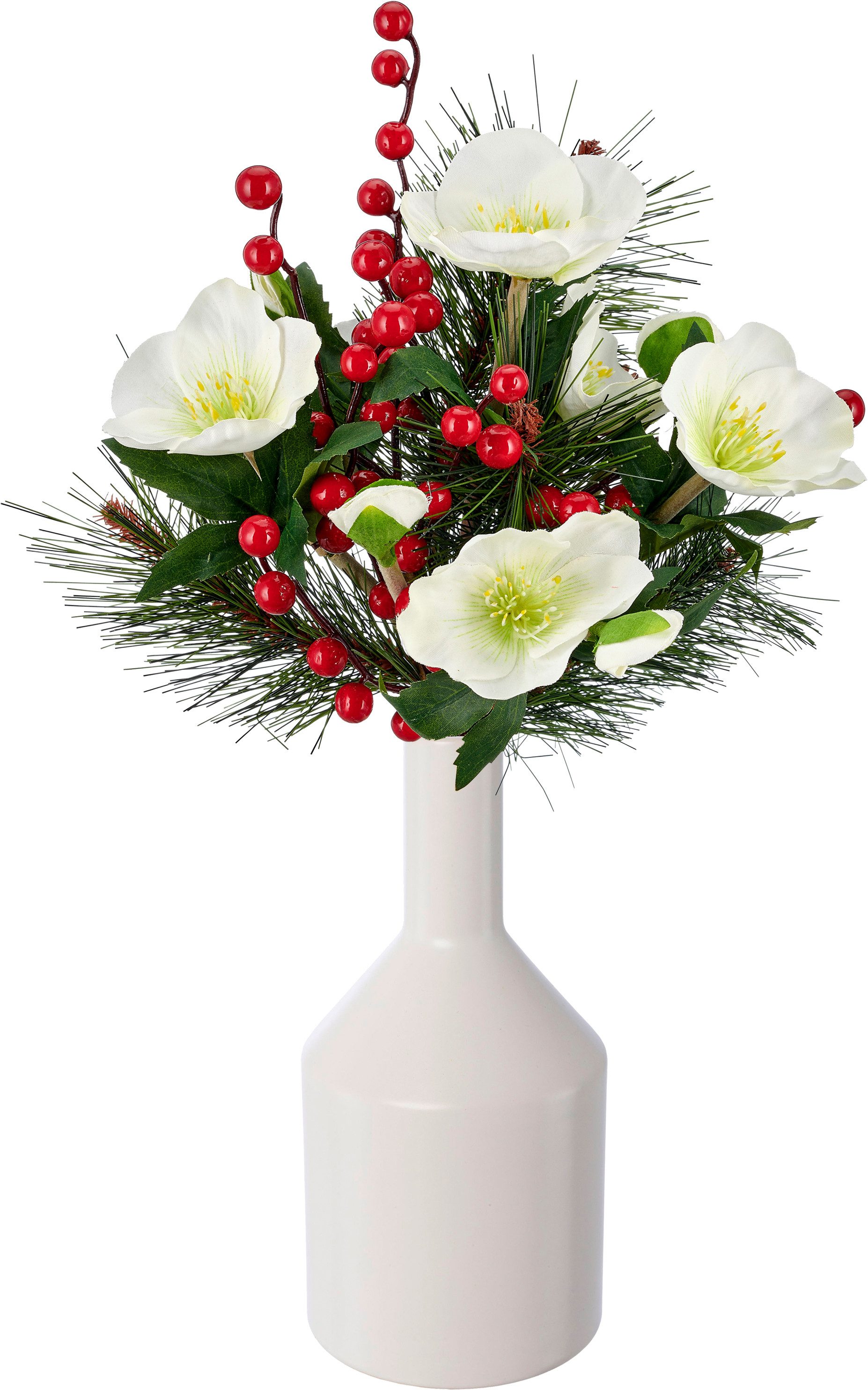 Winterliche Kunstpflanze Strauß mit Christrosen, Tannenzweigen und roten Beeren, OTTO home, Höhe 45 cm, mit naturgetreuen Blüten, INKLUSIVE Keramik Vase