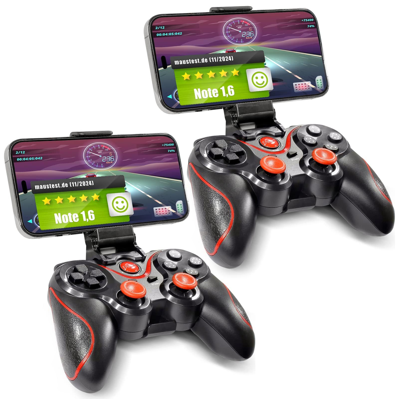 EAXUS Bluetooth Gamepad für Fire TV, Smartphone, Android, Google TV & Co. Controller (inkl. Smartphone-Halterung, 2 St., Auch für Cloud Gaming, Handy & VR)