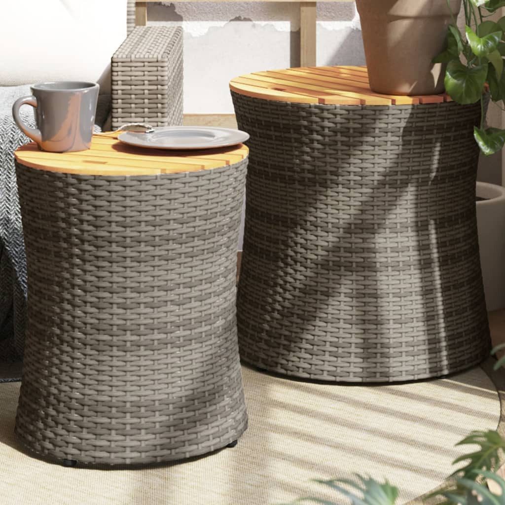 vidaXL Gartentisch Garten-Beistelltische 2 Stk. mit Holzplatte Grau Poly Rattan (1-St)