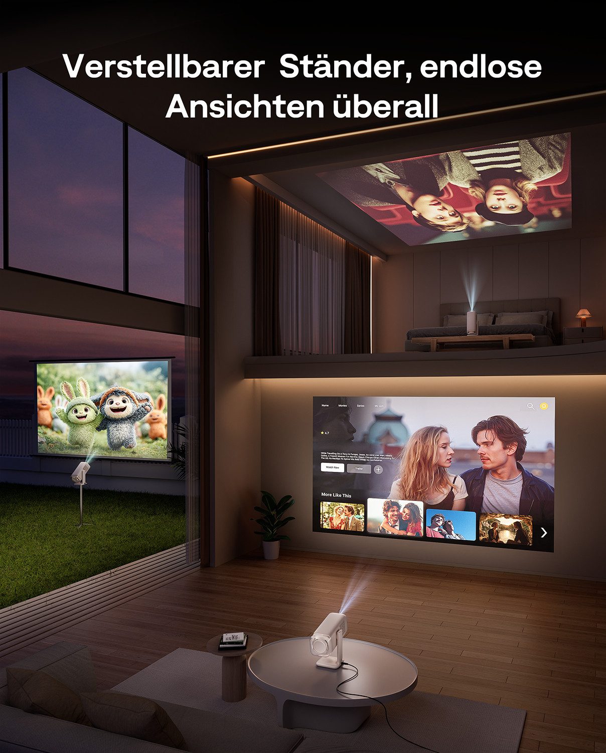Aurzen Boom Air Mini Projektor mit Google TV & NetfIix, 4K Unterstützt Beamer (300 lm, 4K Unterstützt Pixel px, Native 1080P, Dolby Audio, TOF Autofokus, USB-C, WLAN & Bluetooth)
