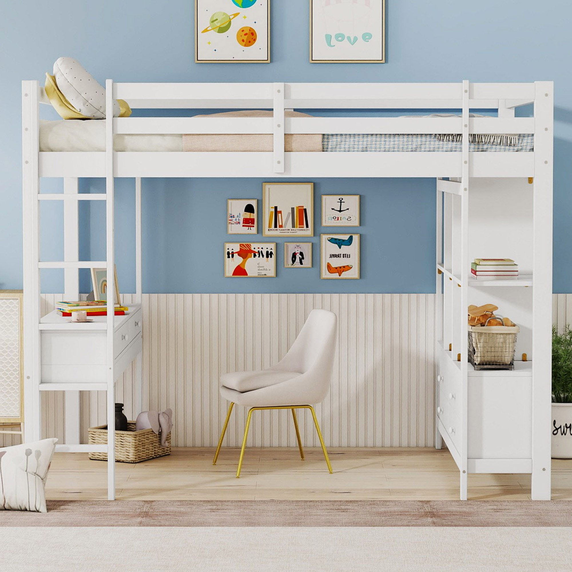 Flieks Hochbett Kiefer Kinderbett mit Schreibtisch günstig online kaufen