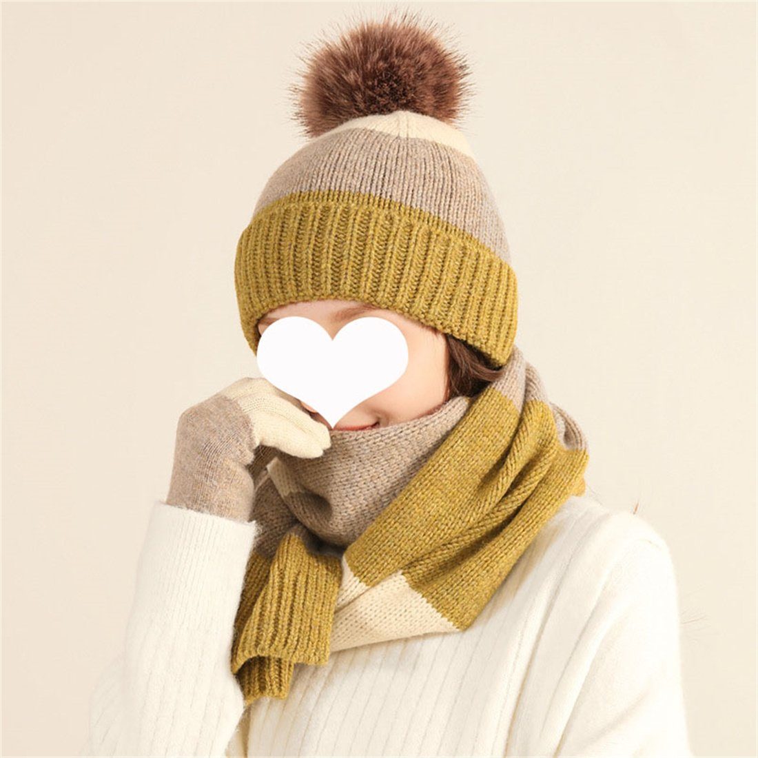 DÖRÖY Strickmütze Winter Bunte Modische Wollmütze, Warme Mütze Schal Handschuhe 3er Set Weiß + Gelb | Strickmützen