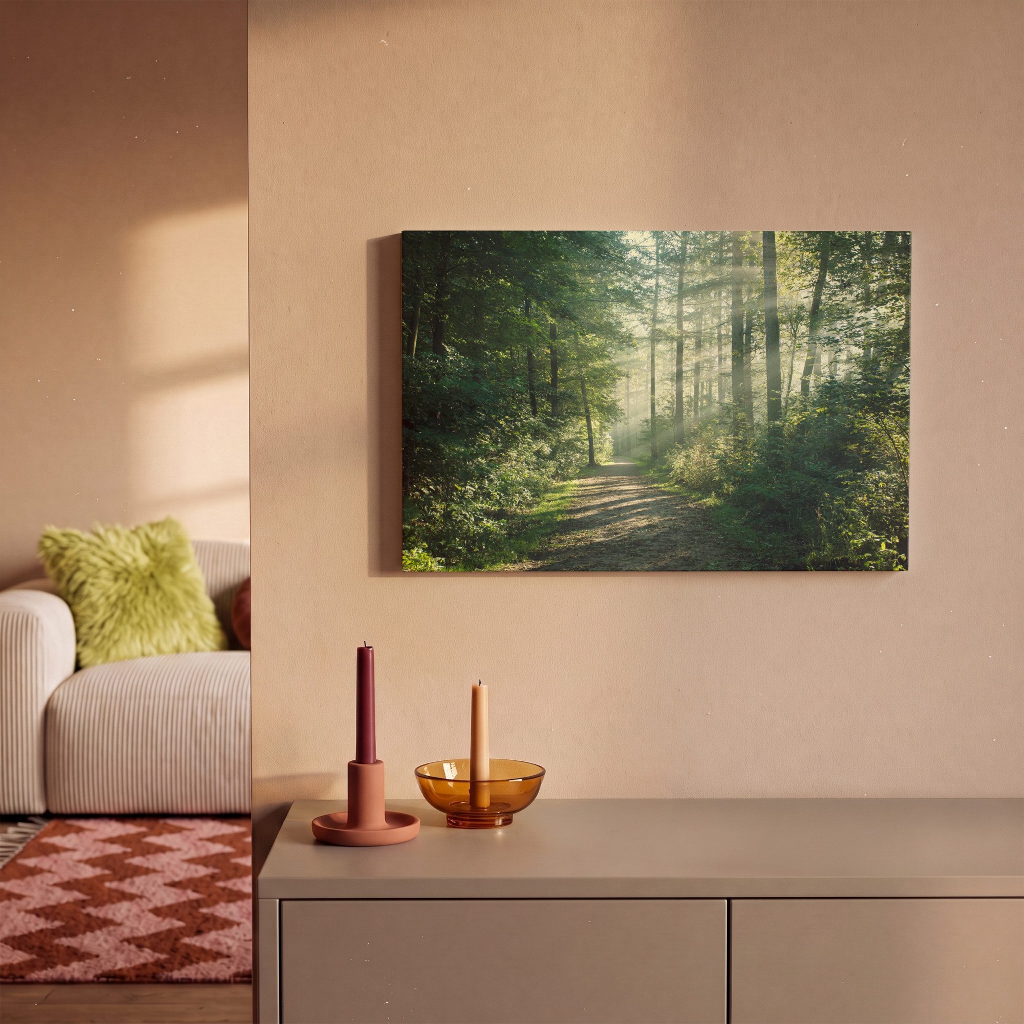 OneMillionCanvasses® Leinwandbild Wald - Weg - Sonne - Bäume - Grün - Natur, Fotodruck (1 St), Leinwand Bilder Klein, Wand Dekoration Aesthetic 30x20 cm – Bild 2 von 5