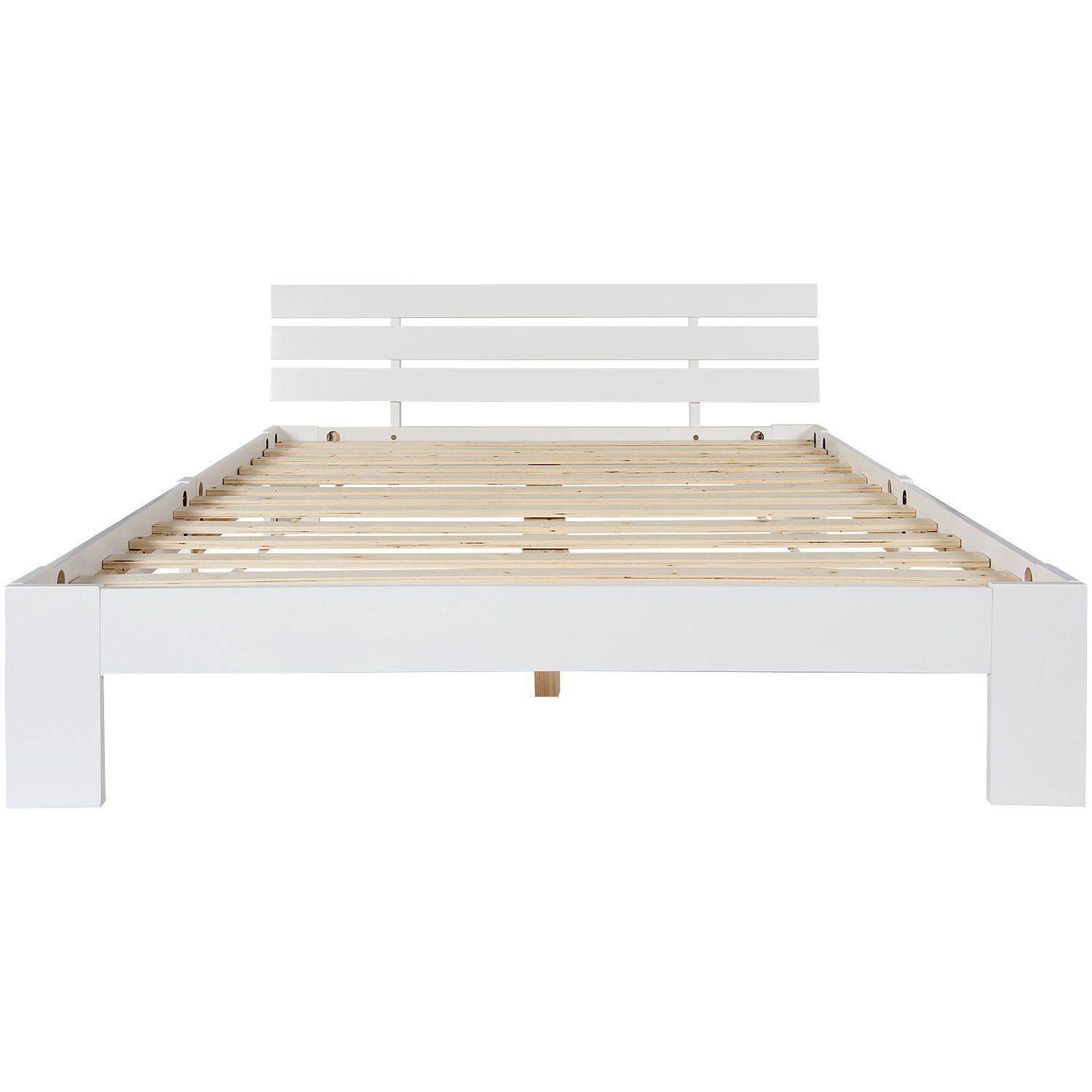 BlingBin Jugendbett Holzbett Doppelbett Bettgestell, Kopfteil FSC, 140×200CM aus Massivholz, Weiß mit Kiefer), (1-tlg