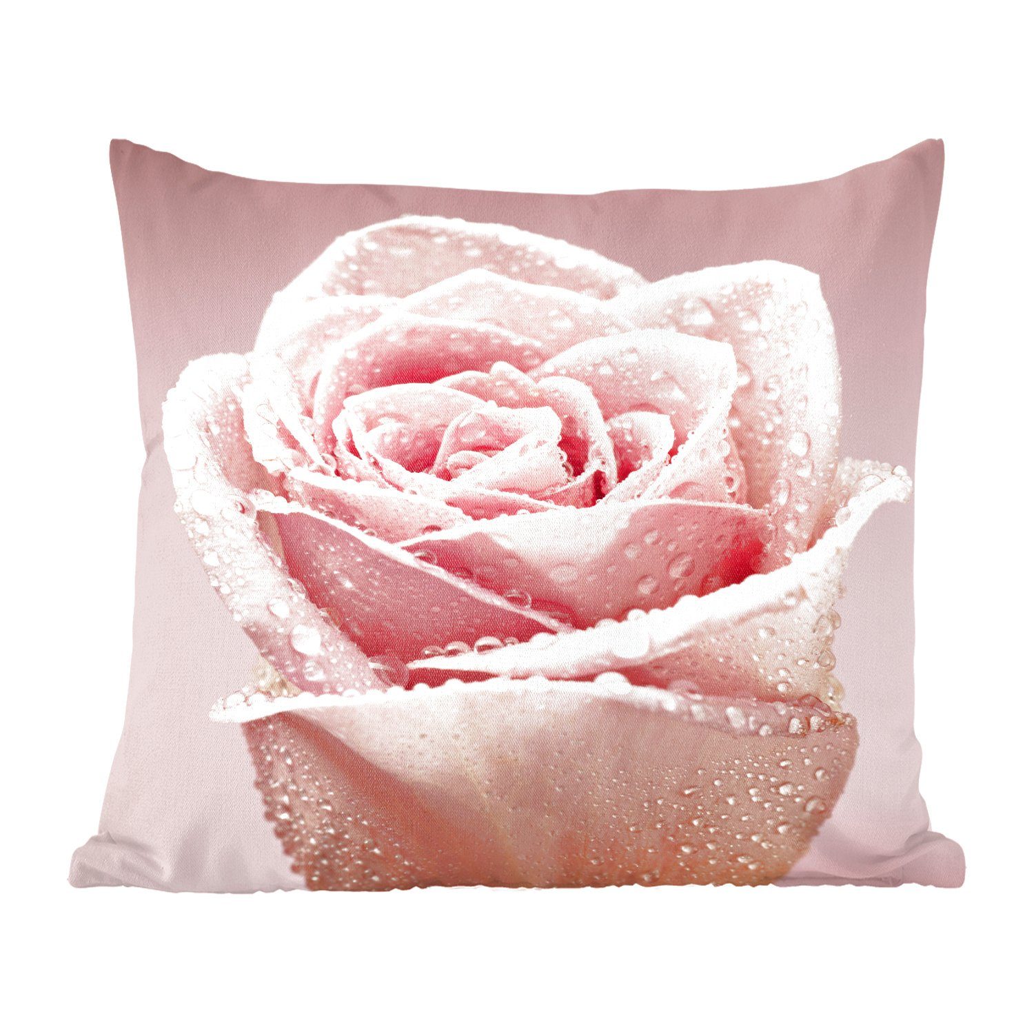 MuchoWow Dekokissen Tautropfen auf einer einzelnen rosa Rose, Zierkissen mit Füllung für Wohzimmer, Schlafzimmer, Deko, Sofakissen