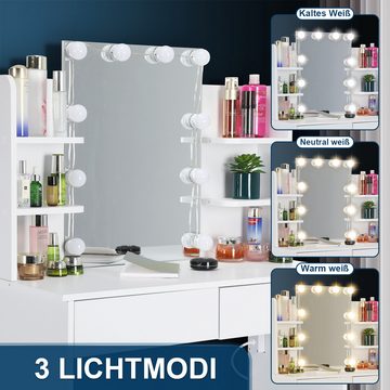 WILGOON Schminktisch Schminktisch mit LED-Beleuchtung, 40x90x135 cm, 3 Lichtmodi, dimmbar, Kosmetiktisch mit Spiegel, Hocker, Schublade,Speicherfunktion, Weiß