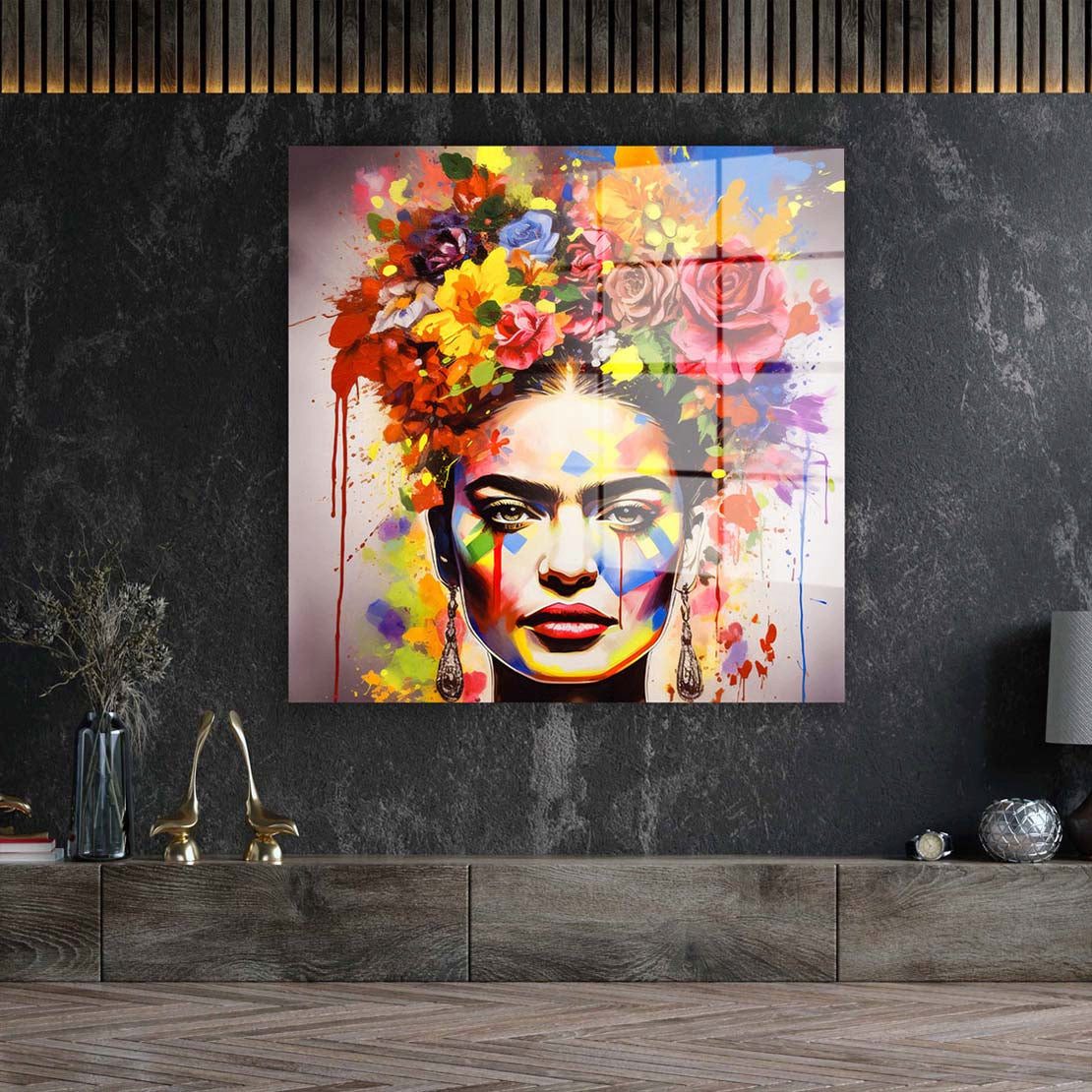Artedinoi Acrylglasbild Frida buntes Portrait Acrylglas Wandbild Bild Wanddeko Wohnzimmer XL