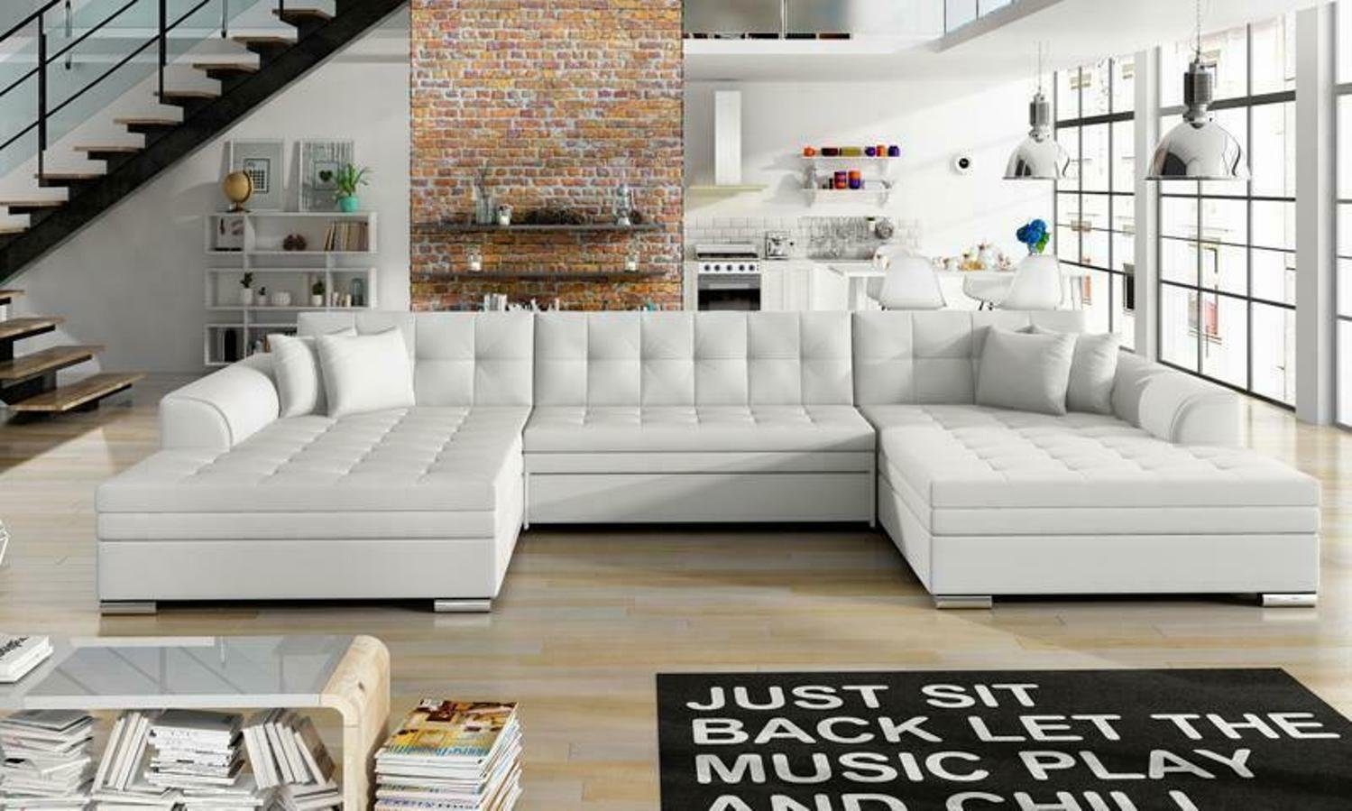 JVmoebel Ecksofa, Klassisch Design Ecksofa Vento Bettfunktion Couch Leder Polster Textil Weiß