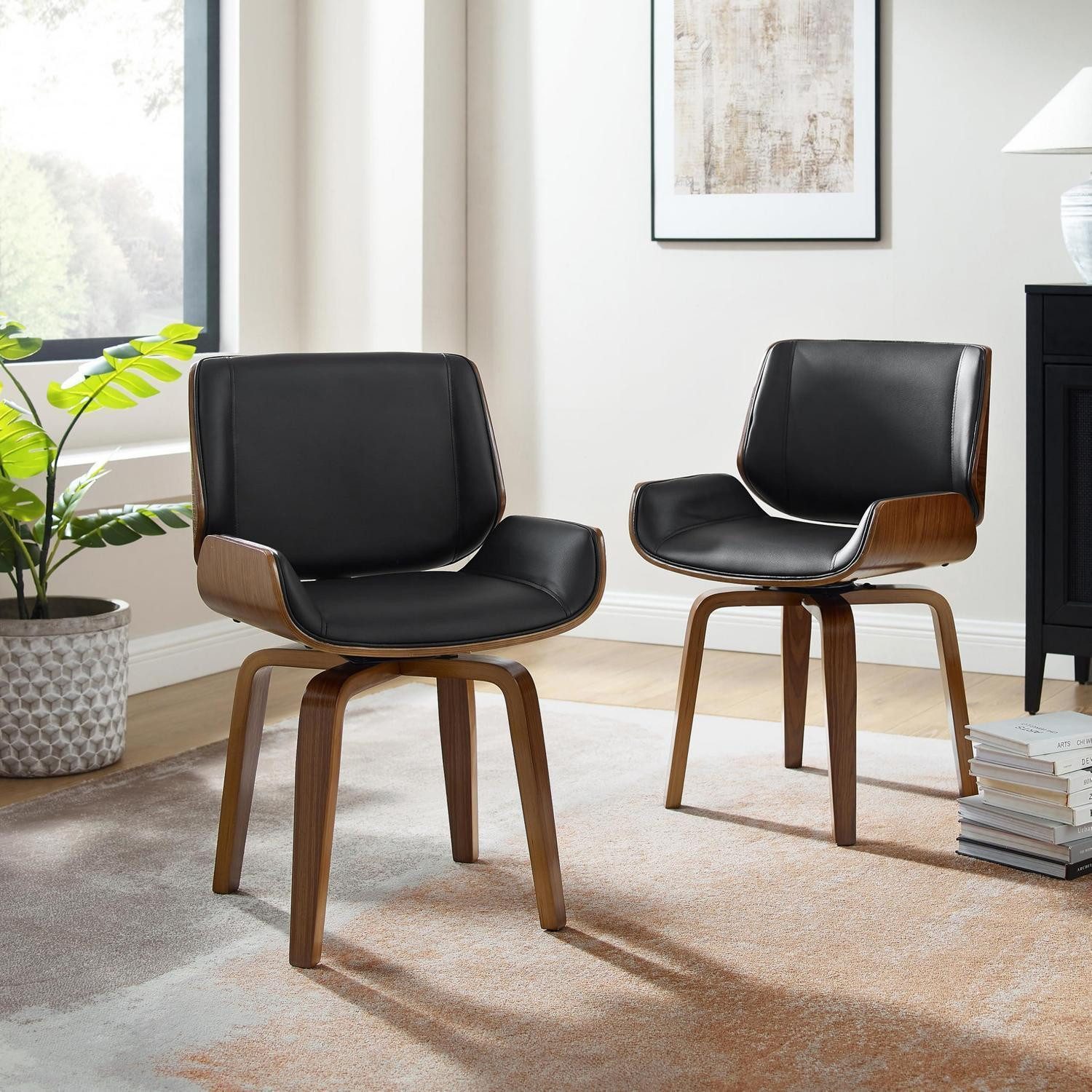 LuxusKollektion Drehstuhl Drehstuhl Kunstleder Nussbaumholz Walnussholz 2er set Schwarz