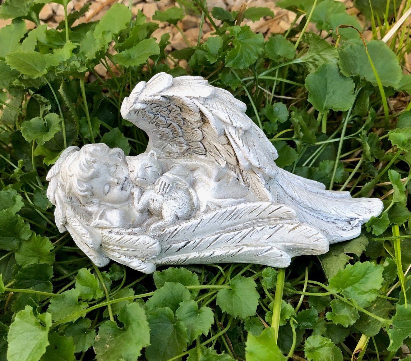Radami Gartenfigur Engel Gedenkstein Grabengel Grabherz - mit Katze - Grabschmuck Grabde