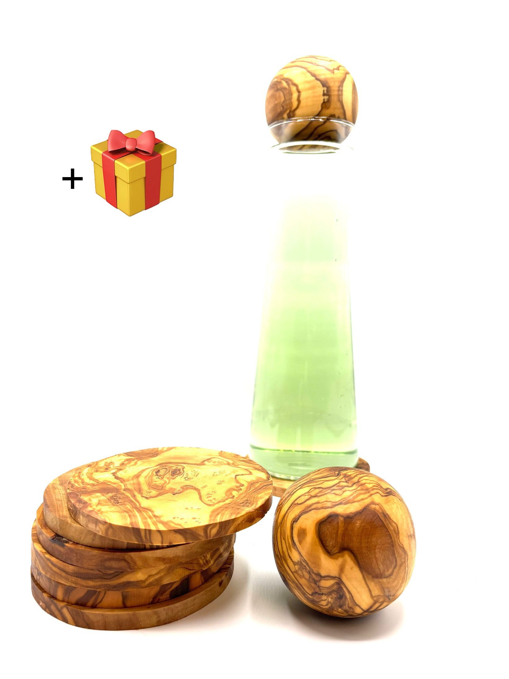Olivenholz-erleben Flaschenuntersetzer Kugelverschluss für Karaffen Ø 8 cm plus 6x Untersetzer rund, Set, 7-tlg., Tischschoner, Holzkugel, kratzfest, antibakteriell