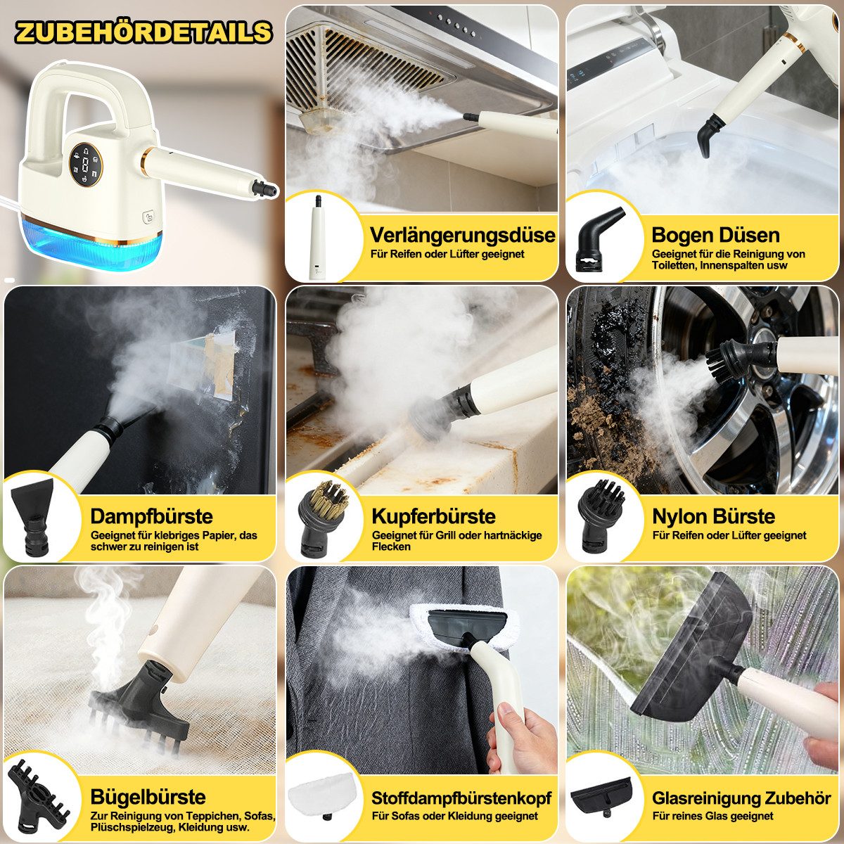 Welikera Handdampfreiniger Dampfreiniger 1800W,dampfreiniger handgerät mit 7 Sprühdüsen, 1800 W, 350 ml Wassertank,Digitalanzeige,6 Einstellungen,4 bar Dampfdruck