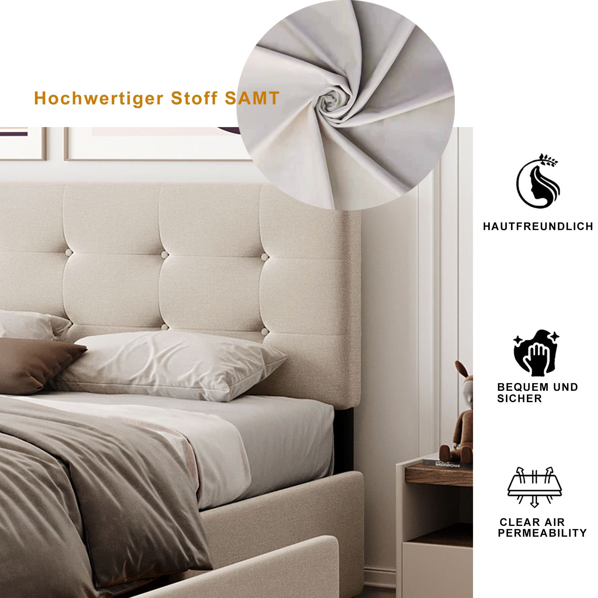 Polsterbett (Doppelbett mit Lattenrost und 4 Schubladen), Höhenverstellbares Kopfteil, Bezug aus Samtstoff, 140x200 cm