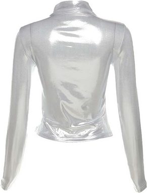 KIKI T-Shirt Damen Metallic Crop Top Kurz Oberteil Bauchfrei Slim Fit Langarm