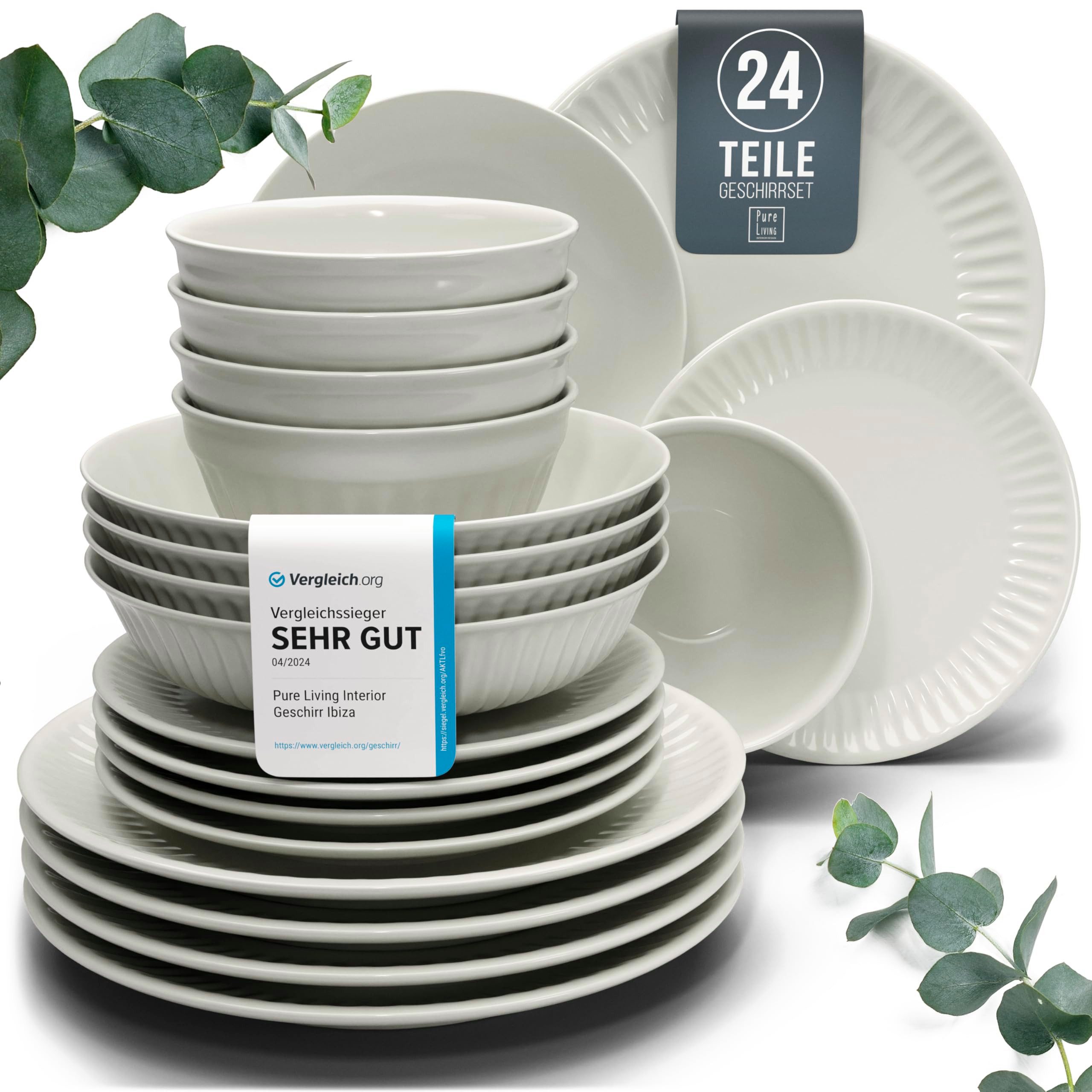 PURE LIVING INTERIOR DESIGN Geschirr-Set 6 Pers. - Hochwertiges Skandinavisches Steingut Geschirrset (24-tlg), 6 Personen, Steingut, Geschirr Set - Schüssel- und Teller Set - Tafelservice