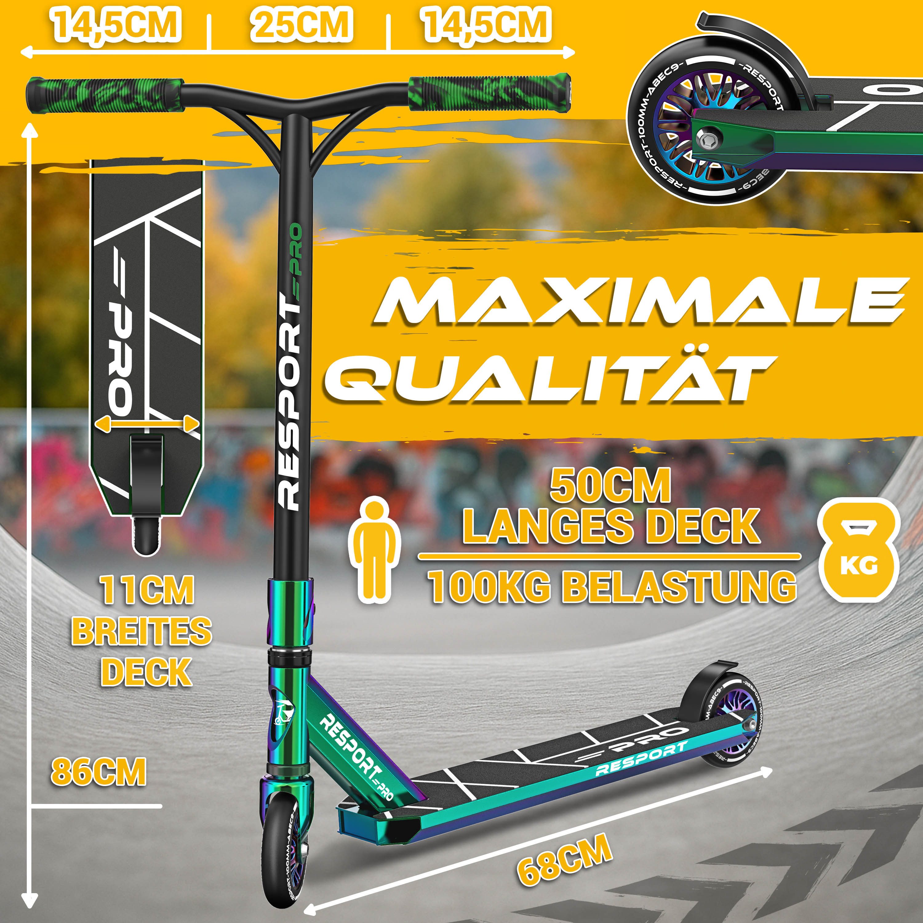 RE:SPORT Cityroller RE:SPORT® Revo Pro Stunt Scooter inkl. Ständer ABEC 9 Kugellagern, (Stuntscooter Kickscooter ABEC 9 Kugellager Trickroller, mit Ständer Profi Stuntroller 110mm PU Wheels & Y-Bar), Stunt Scooter REVO PRO für Kinder & Erwachsene