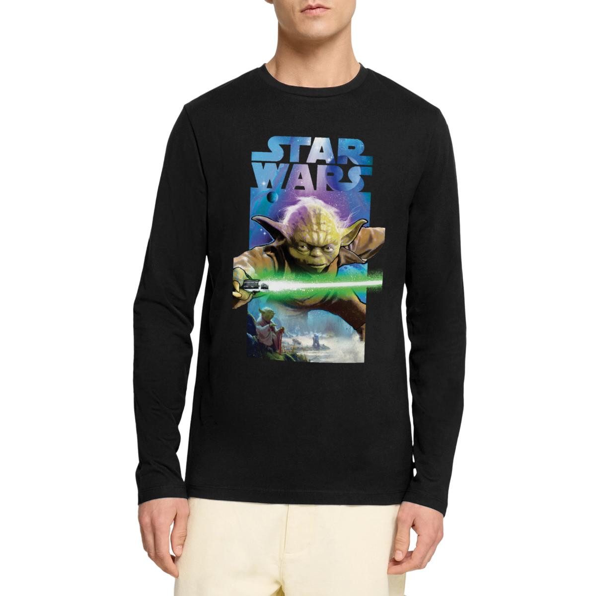 T-Shirt Star Wars Meister Yoda Und Grünes Lichtschwert Premium Langarmshirt He