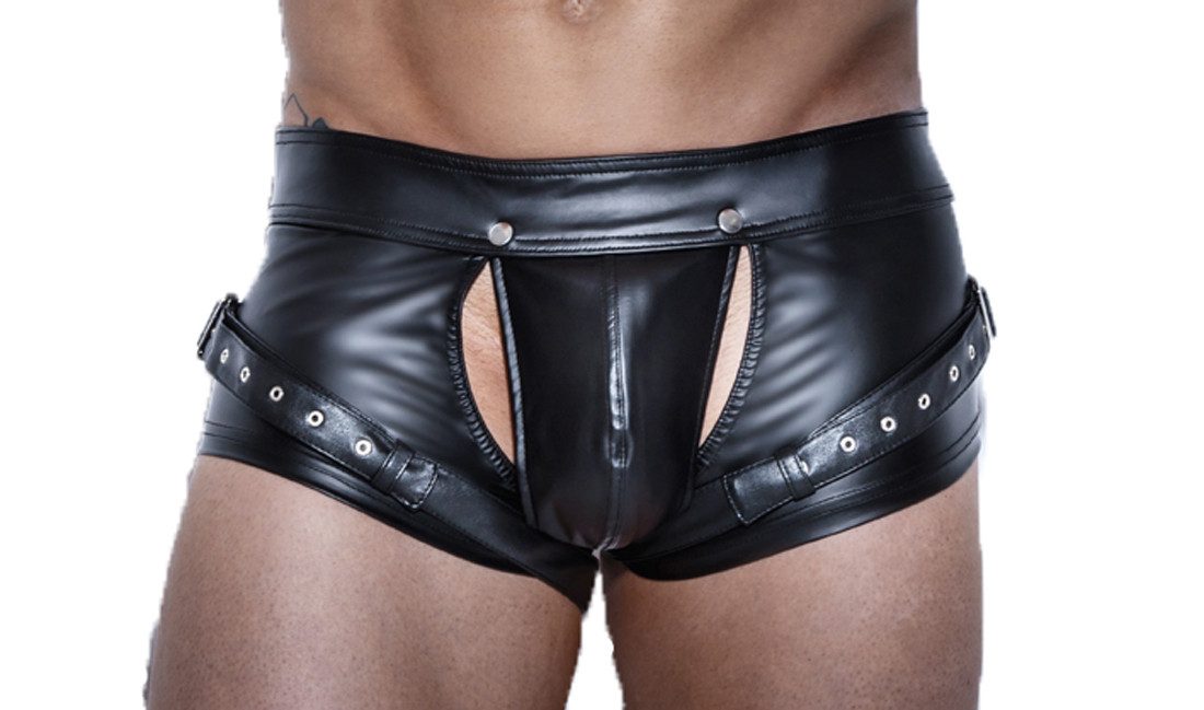 Shorts Schwarze Herren wetlook Dessous Shorts mit Harness und Druckknöpfen Mä