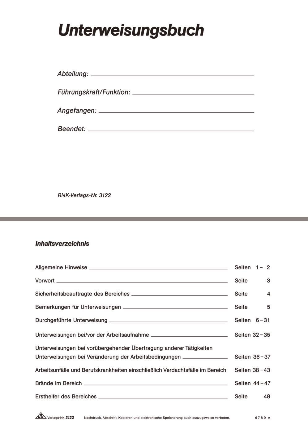 Formularblock 3122 Unterweisungsbuch für die betriebliche Unfallverhütung 48 Seiten