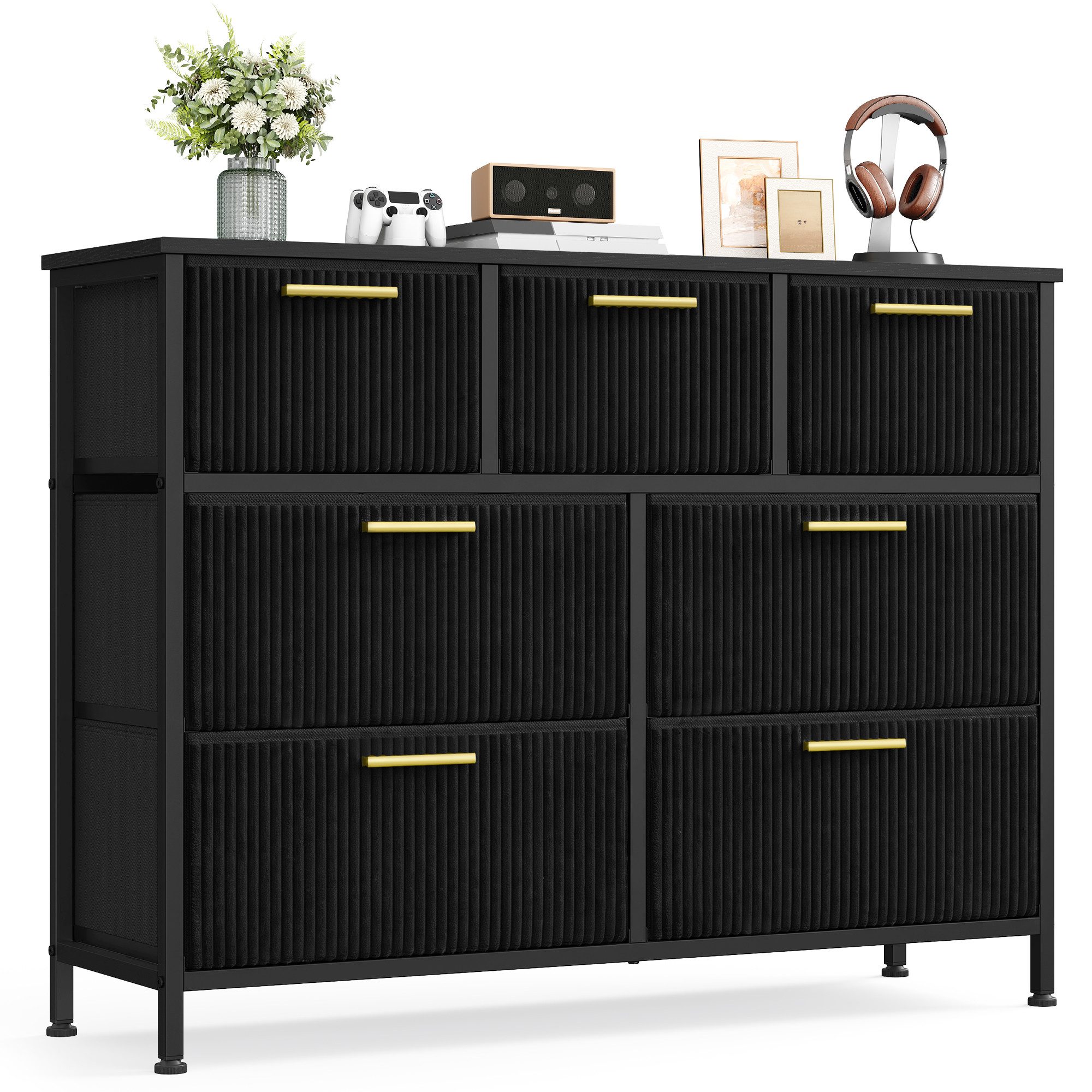 SONGMICS Kommode Wohnzimmerschrank im Cord-Design, Kommode mit 7 Schubladen, 98,7 x 30 x 74,7 cm, Tintenschwarz