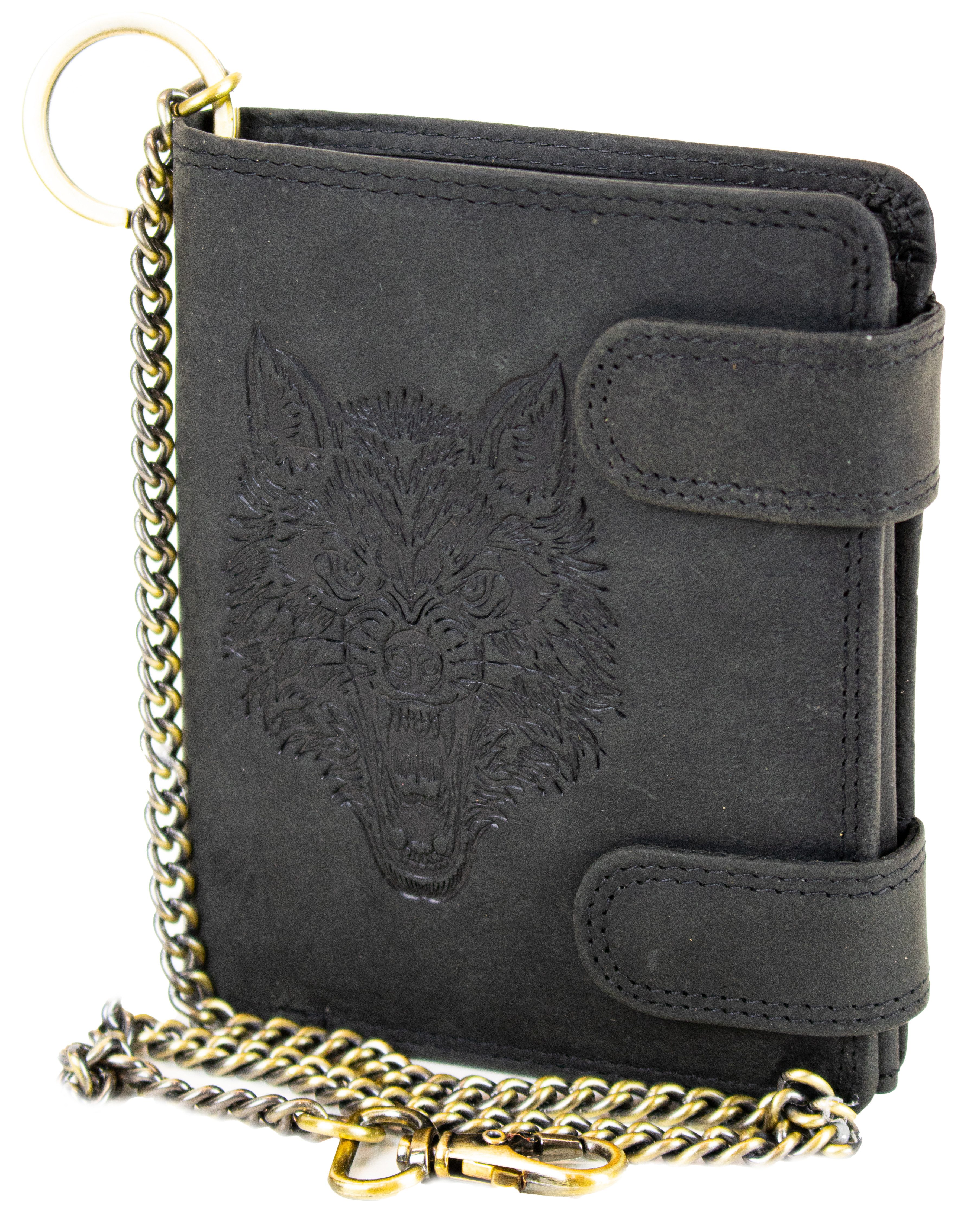 MDM Geldbörse Leder Geldbörse Kette, Wolf-Prägung RFID Schutz, Vintage Portemonnaie, Vintage-Design, 100 % Rindsleder