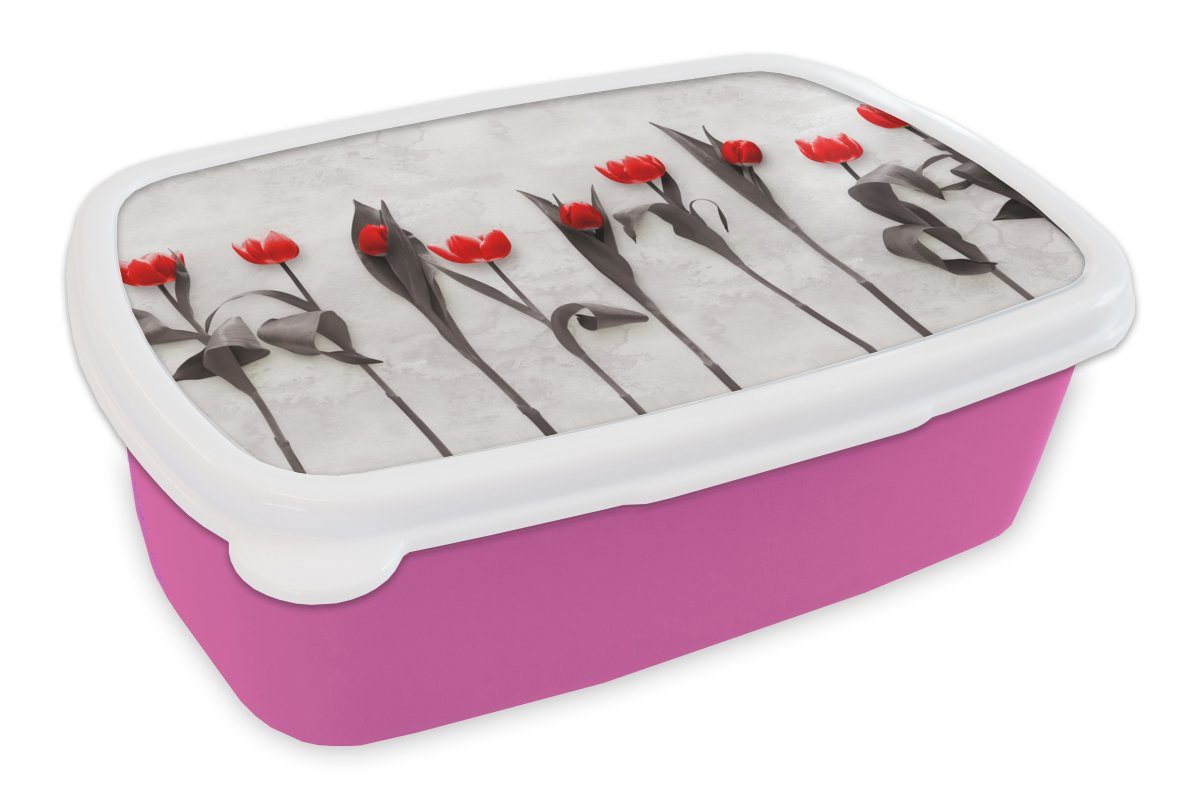 MuchoWow Lunchbox Blumen - Tulpen - Marmor, Kunststoff, (2-tlg), Brotbox für Erwachsene, Brotdose Kinder, Snackbox, Mädchen, Kunststoff rosa