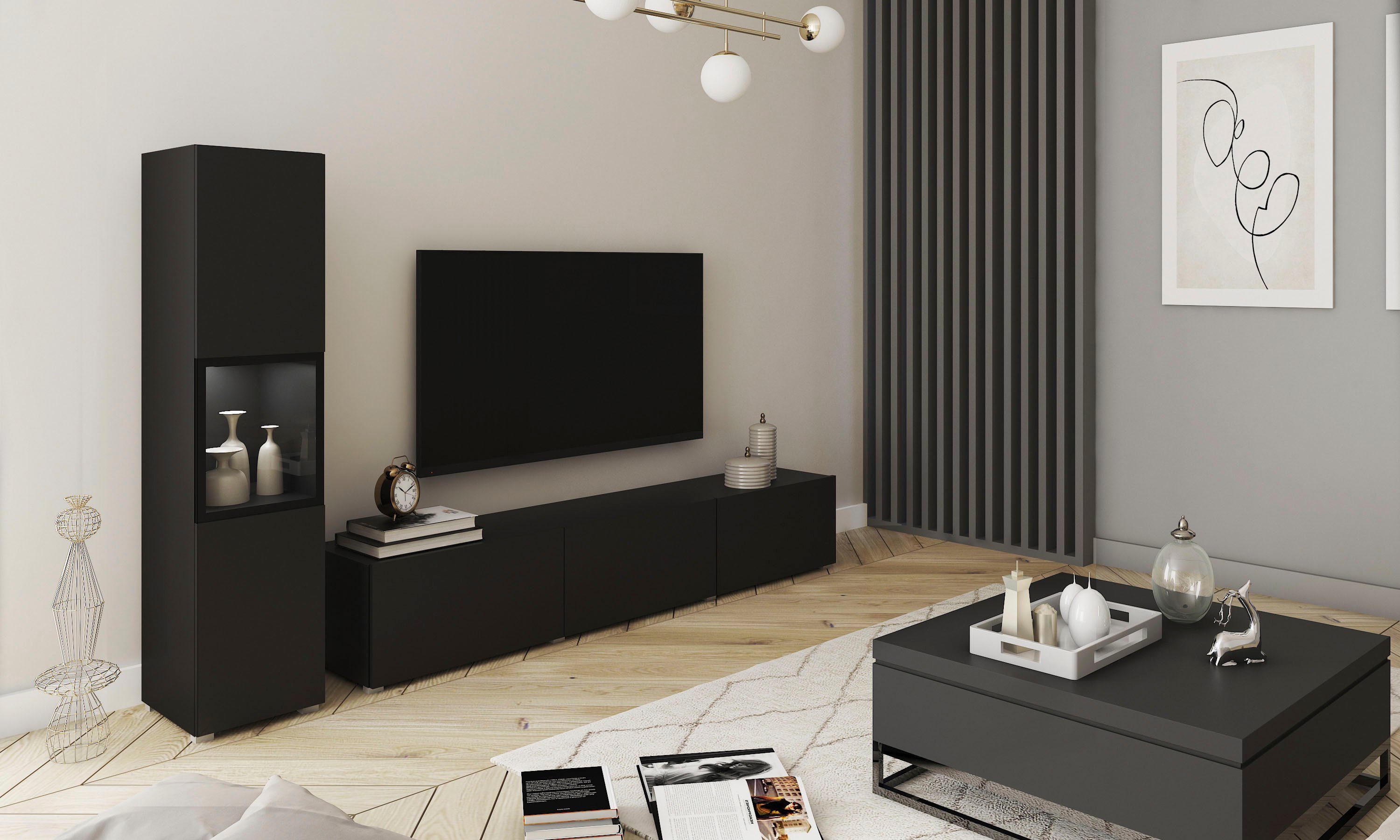 Home affaire Wohnwand BERLIN I, Vitrine Türschlag links/rechts wechselbar, (Komplett-Set, 2-St), moderne grifflose Mediawand Breite 220 cm, Vitrine mit Verglasung