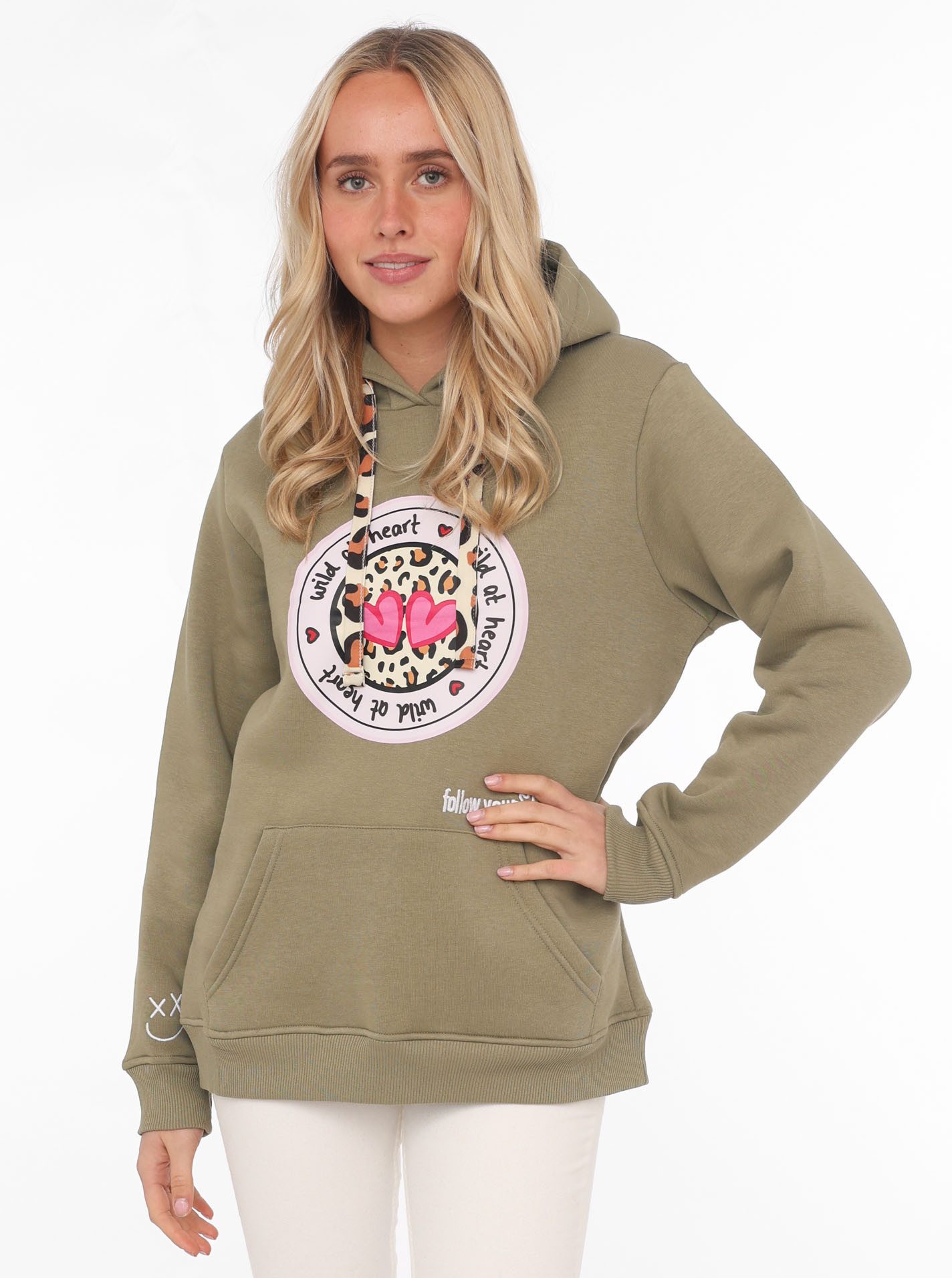Zwillingsherz Hoodie Kapuze, Langarm, Kängurutasche, Leo-Details, modisch