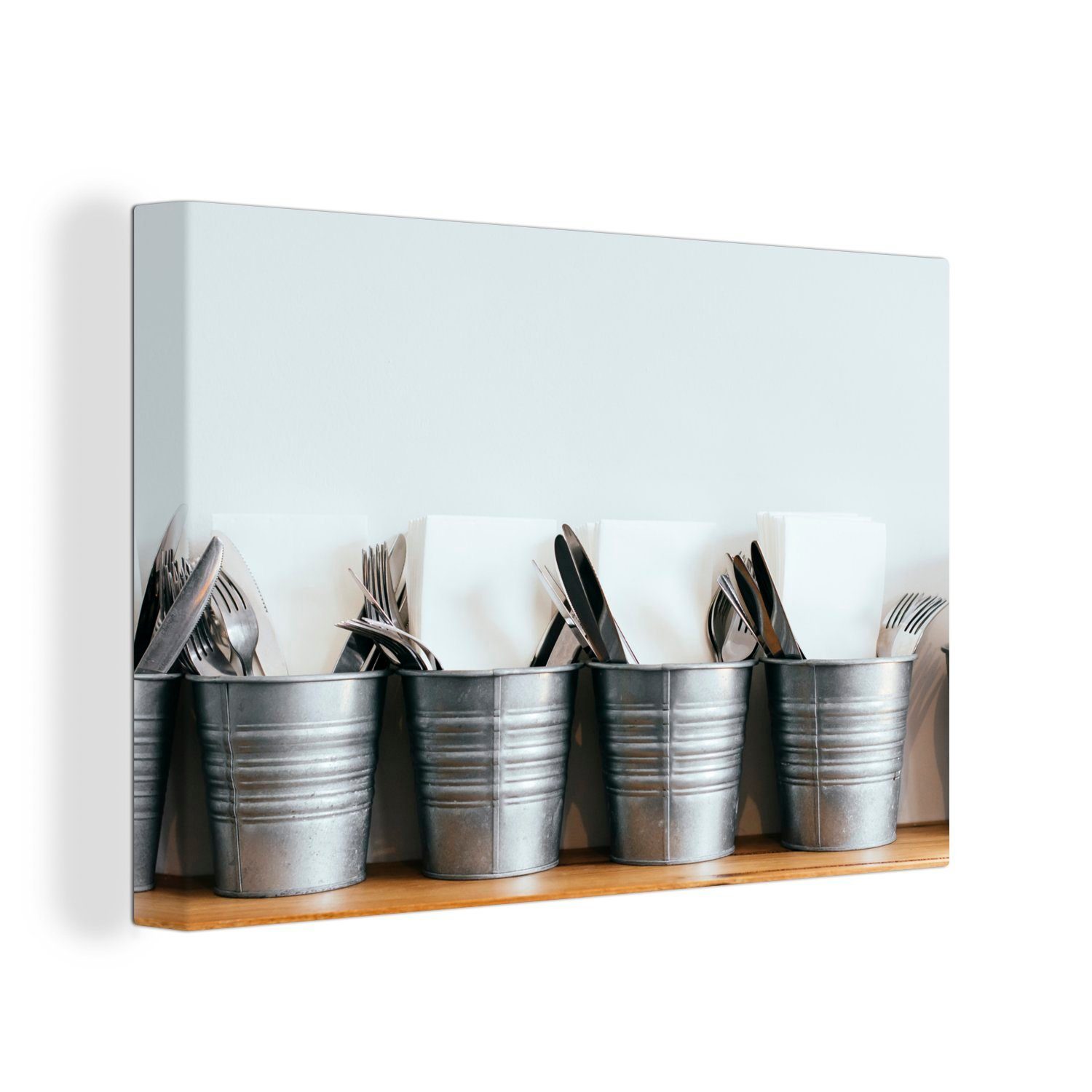OneMillionCanvasses® Leinwandbild Aufhängefertig, Metalleimer mit 30x20 Leinwandbilder, cm (1 St), Wanddeko, Wandbild Besteck