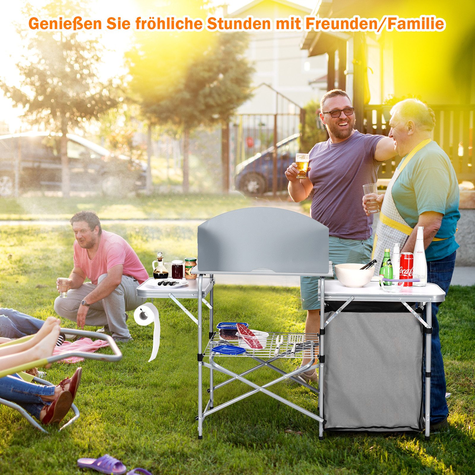 KOMFOTTEU Campingschrank faltbare Campingküche mit Ablage, Windschutz & Tragetasche