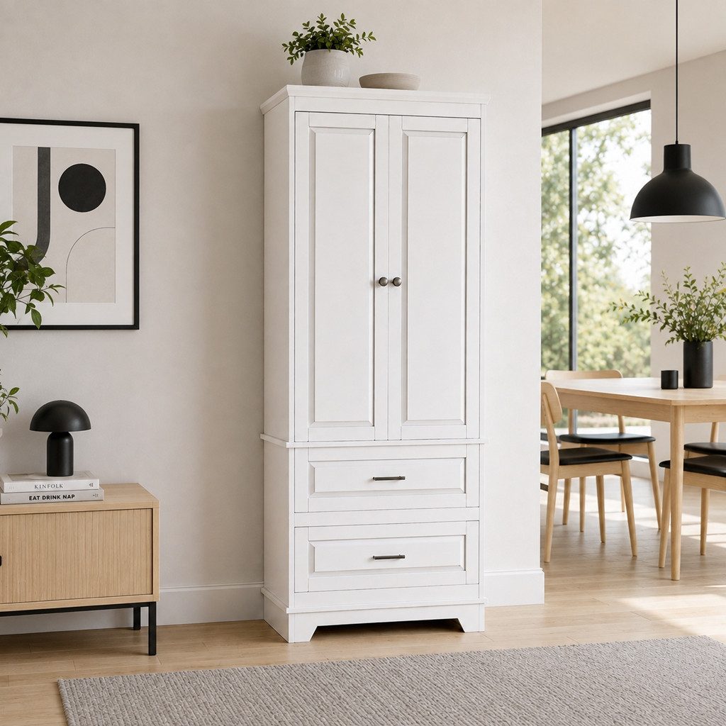 Simurq Mehrzweckschrank Küchenschrank Badezimmerschrank Vorratsschrank (Großer Stauraum & Verstellbares Regalbrett) Mehrzweckschrank mit 2 Türen & 2 Schubladen, modernes Design