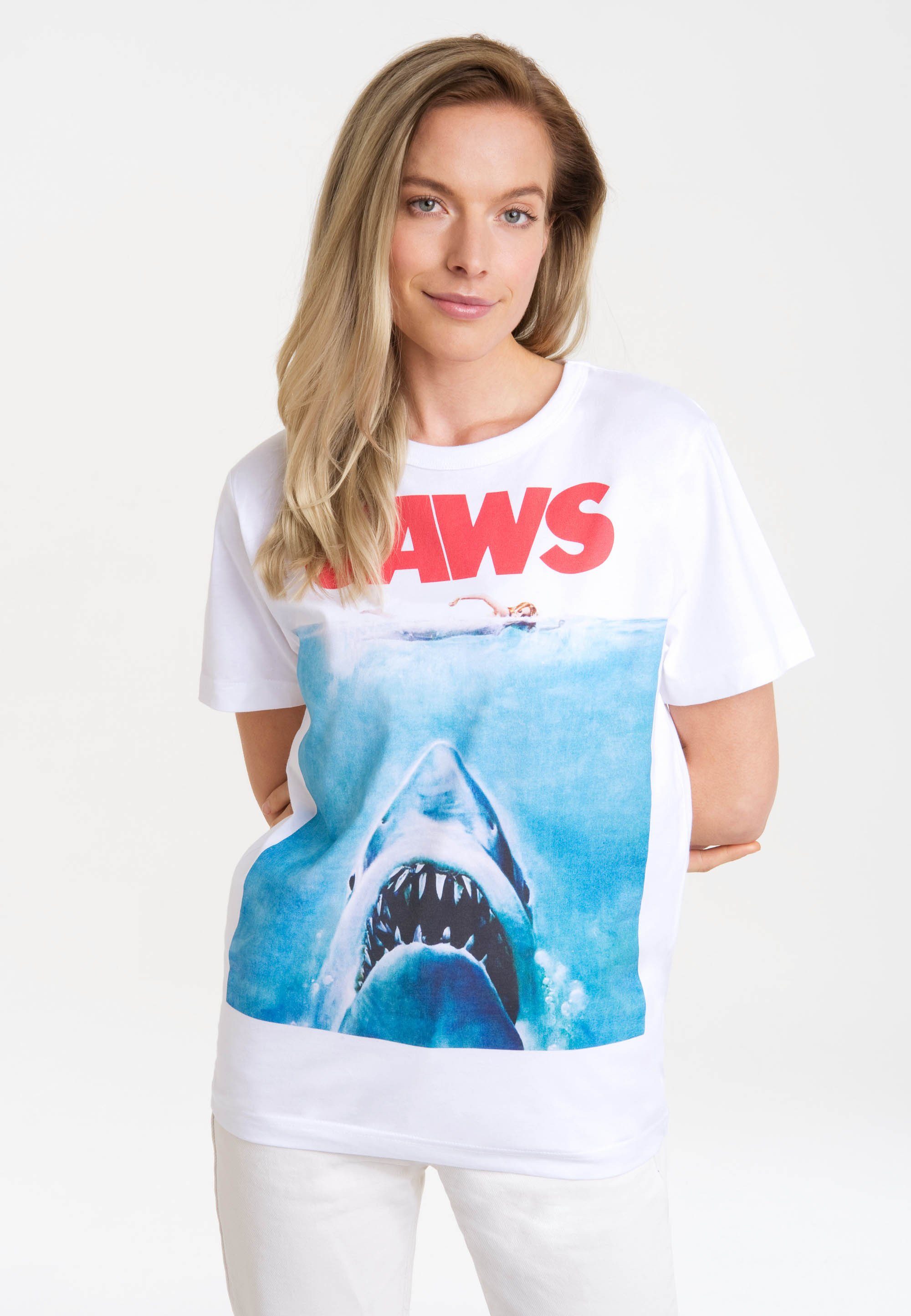 LOGOSHIRT T-Shirt Jaws Hai lizenziertem weisse Der mit Print 