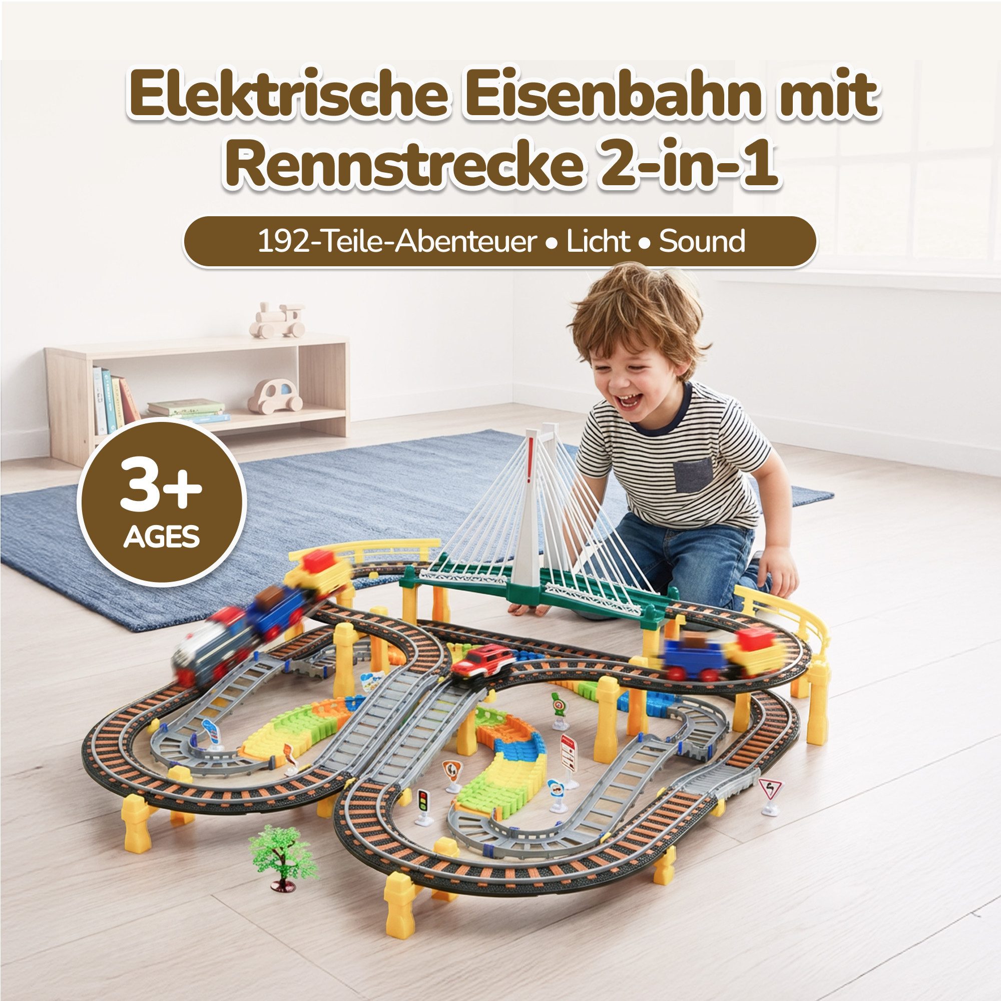 kinderplay Spielzeug-Zug Elektrische Eisenbahn mit Rennbahn – 2-in-1 Spielset für Kinder, (Set)
