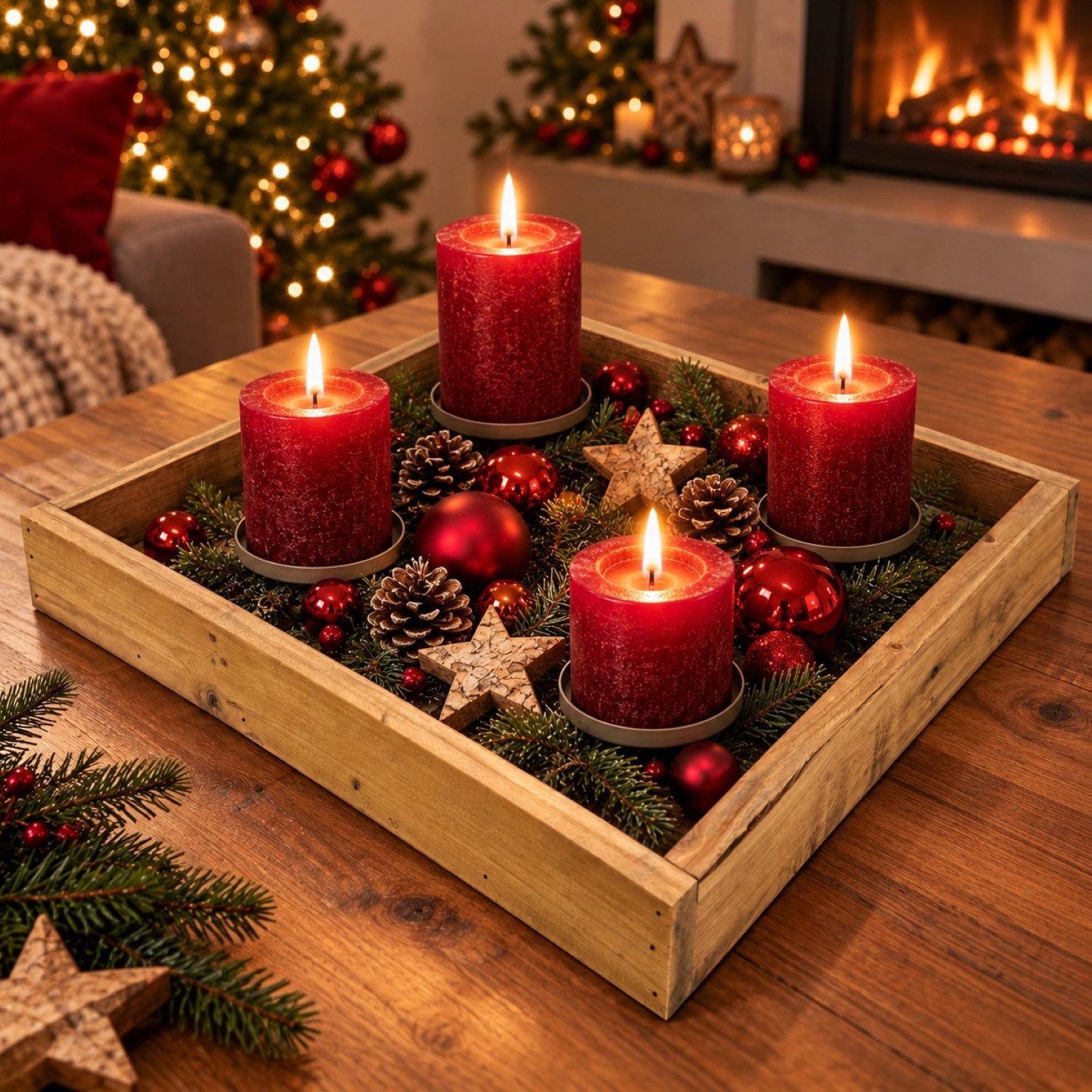 Online-Fuchs Adventskranz aus Holz für Stumpenkerzen - eckig & schlicht, Kerzenhalter aus Metall, viel Platz für Ihre individuellen Dekorationsideen