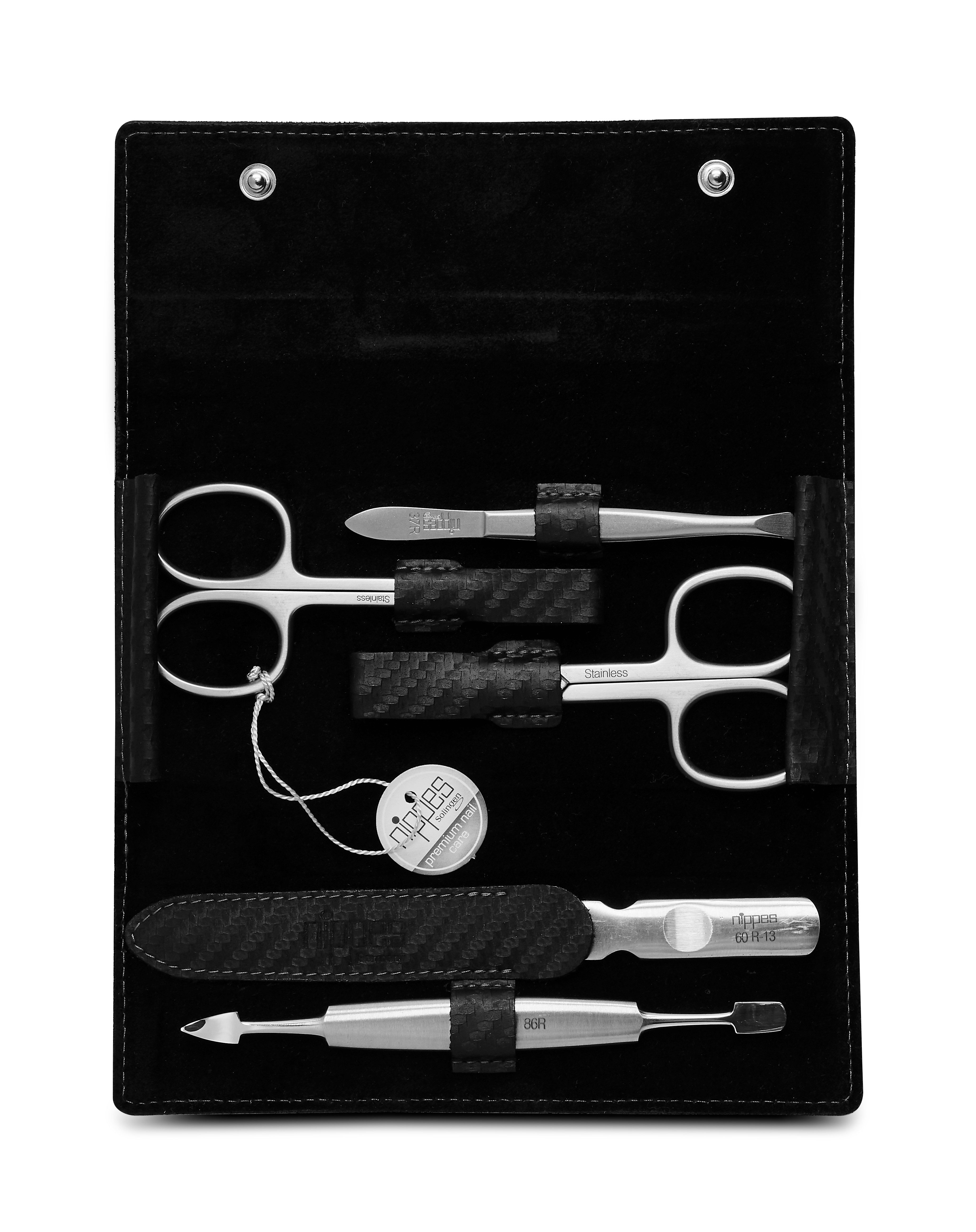nippes Solingen Maniküre-Etui Maniküre-Set Karbon 5-tlg. Rostfreier & Nickelfreier Edelstahl, 5 tlg., echtes Leder