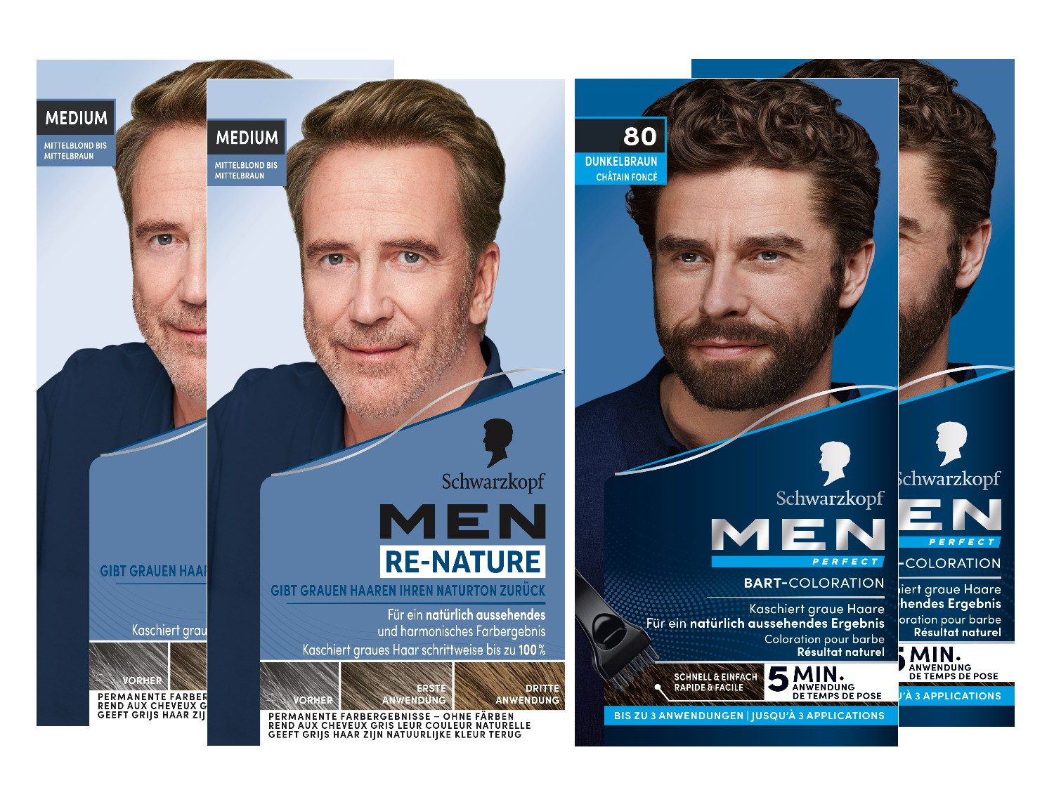 Schwarzkopf Bartfarbe Men Perfect Braun 2x 30 ml & Men Re-Nature Haarfarbe Medium 2x 145 ml, Haar & Bart 4er Set, 4-tlg., für schnelles Kaschieren grauer Haare
