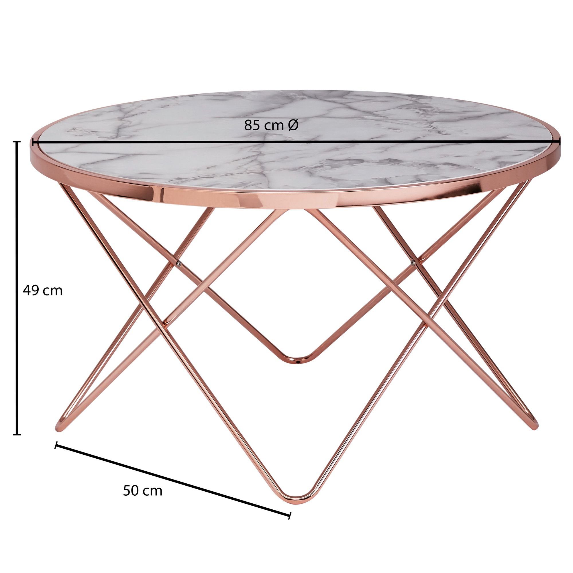 cm, Ø85 Design möbelando Beistelltisch Design Rund Couchtisch Optik Marmor Couchtisch Weiß Rund Ø85 Metall-Gestell, Optik Kupfer Marmor Couchtisch Wohnzimmertisch, Großer Weiß cm