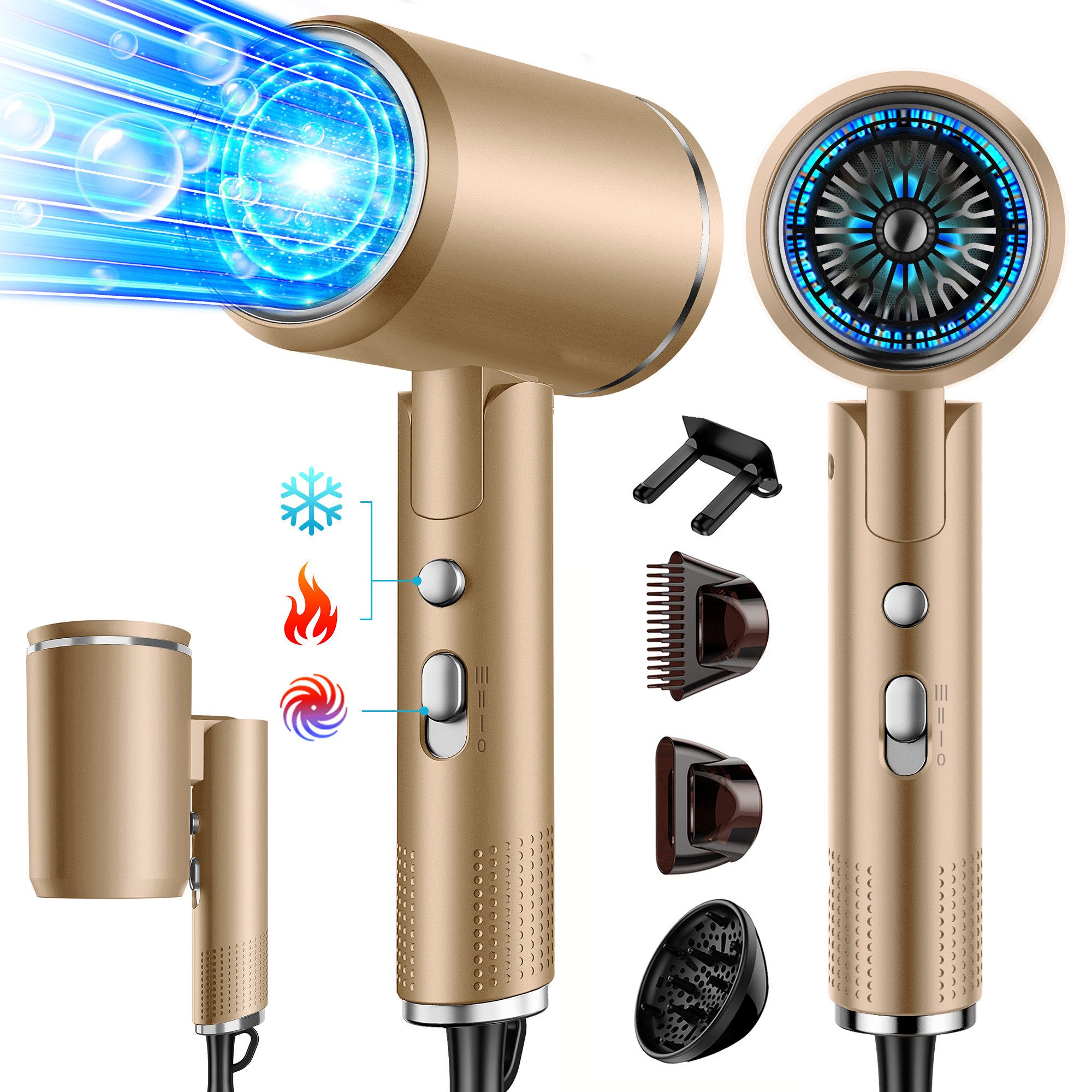 ibettertec Фены Фены Föhn Ionen,klappbar,mit 3 Stylingdüse, 2400 W, Schnelltrocknen Hair Dryer Mit 6 Temperatureinstellungen, Reiseföhn Hairdryer Frisuren Zubehör Reisehaartrockner