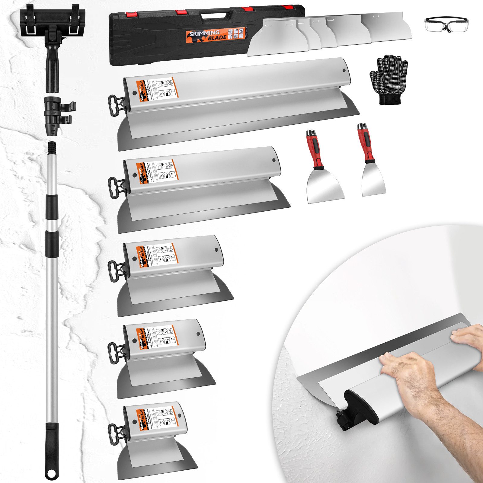 XERSEK Flächenspachtel Spachtel Flächenspachtel Set 15-80cm-Edelstahl-Klingen Teleskopstangec (Verlängerter Aluminiumgriff, Schnellwechsel, Verstellbar & Arretierung, 5 Klingen: 15/20/25/40/60cm-St) Multifunktionsspachtel Für Verputzen Kratzen Glätten von Wänden