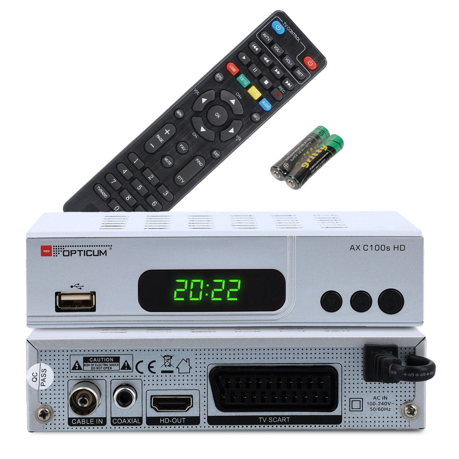 RED OPTICUM AX C100 silber Full HD DVB-C Receiver mit Aufnahmefunktion Kabel-Receiver (EPG, HDMI, USB, SCART, Coaxial Audio, Receiver für Kabelfernsehen)