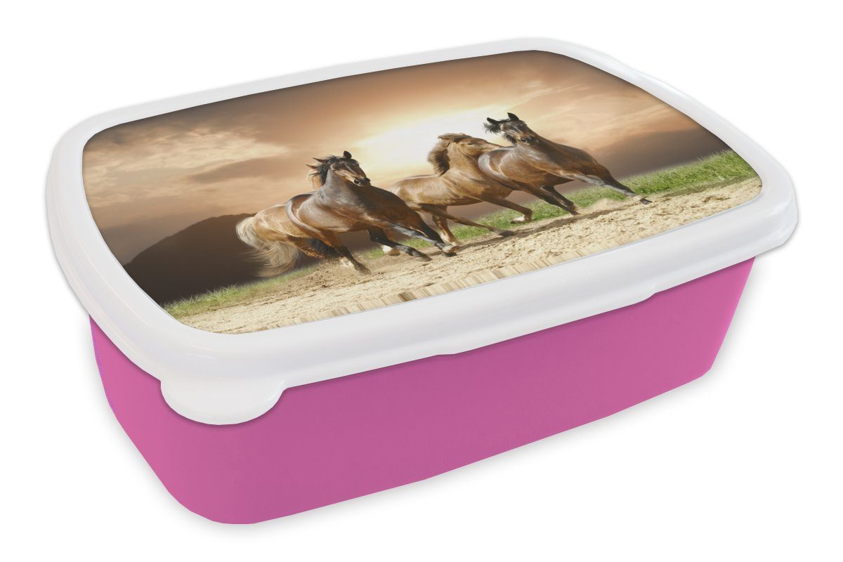 MuchoWow Lunchbox Pferde - Sand - Sommer, Kunststoff, (2-tlg), Brotbox für Erwachsene, Brotdose Kinder, Snackbox, Mädchen, Kunststoff rosa
